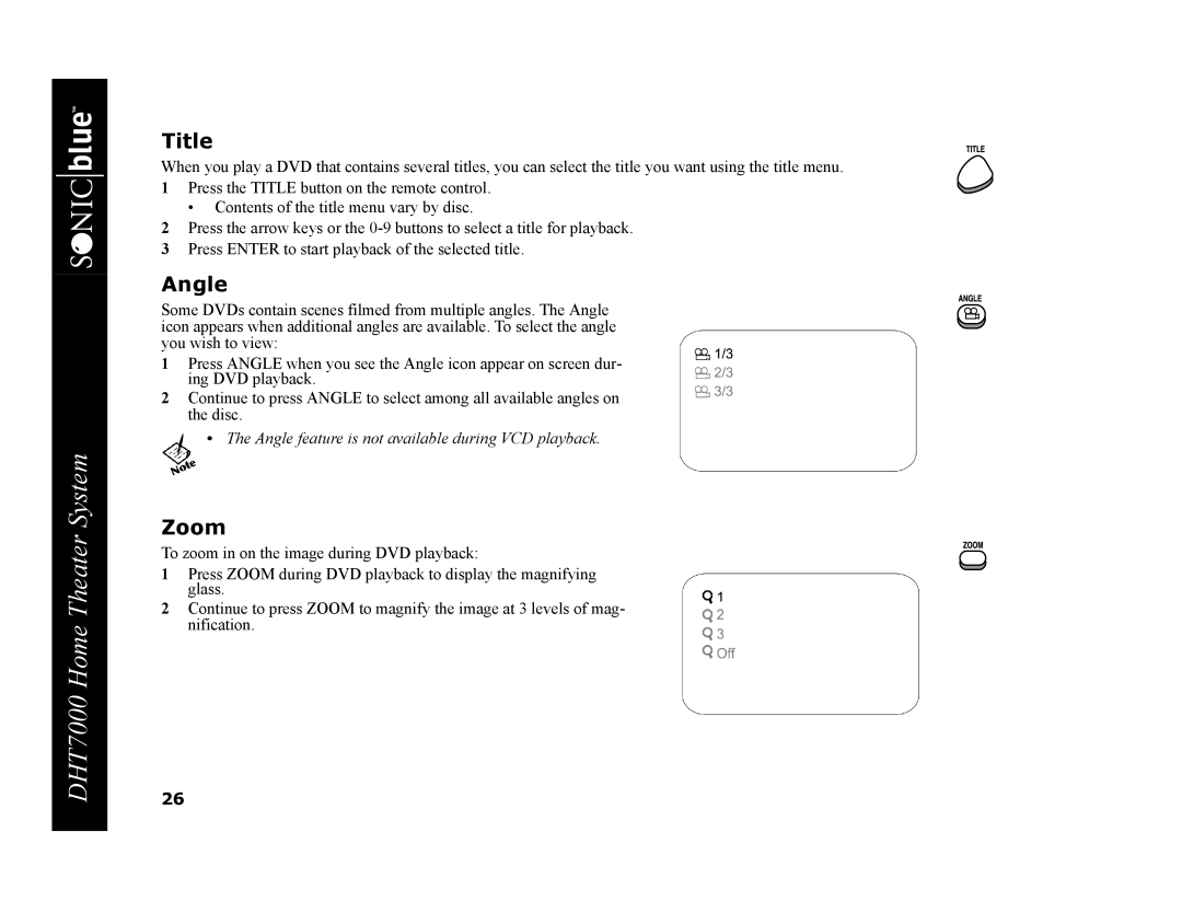 GoVideo DHT7000 manual Title, Angle, Zoom 