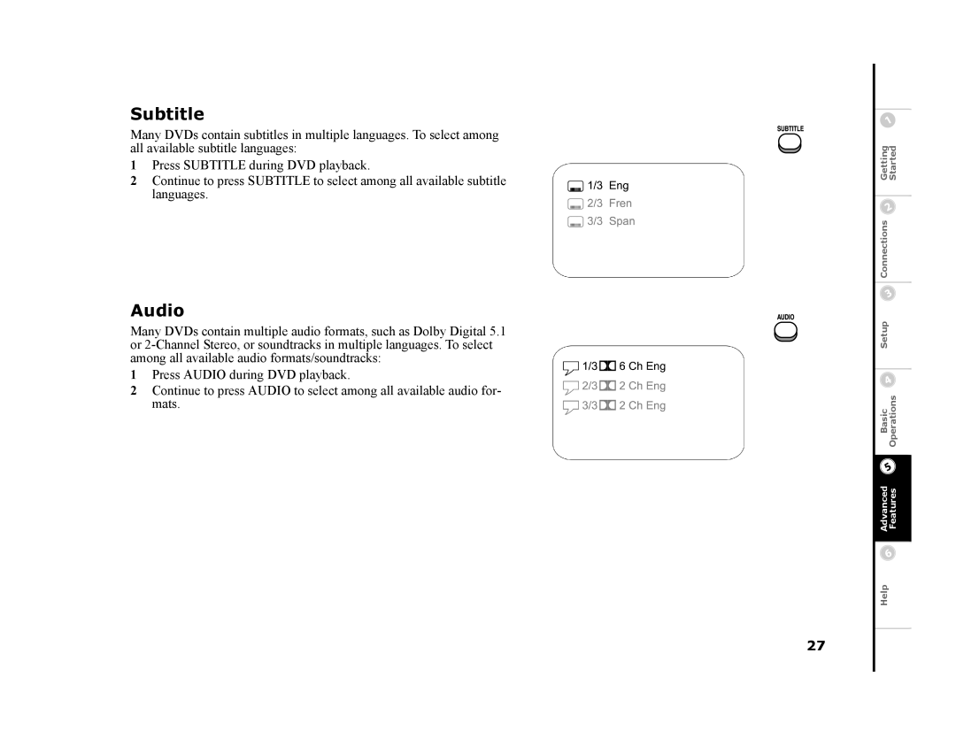 GoVideo DHT7000 manual Subtitle, Audio 