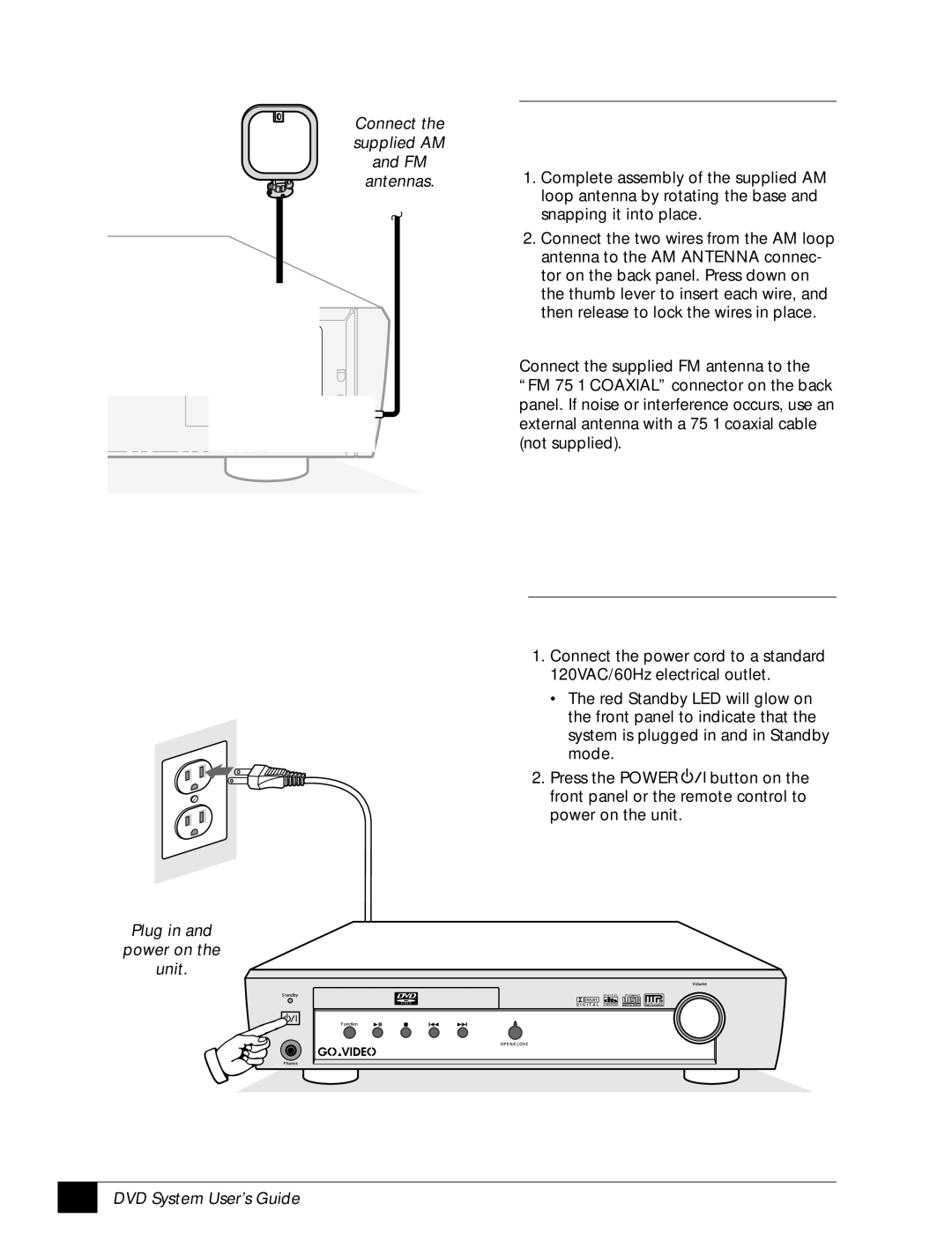 GoVideo DHT7100 manual Connect the supplied AM and FM antennas Plug Power on Unit 