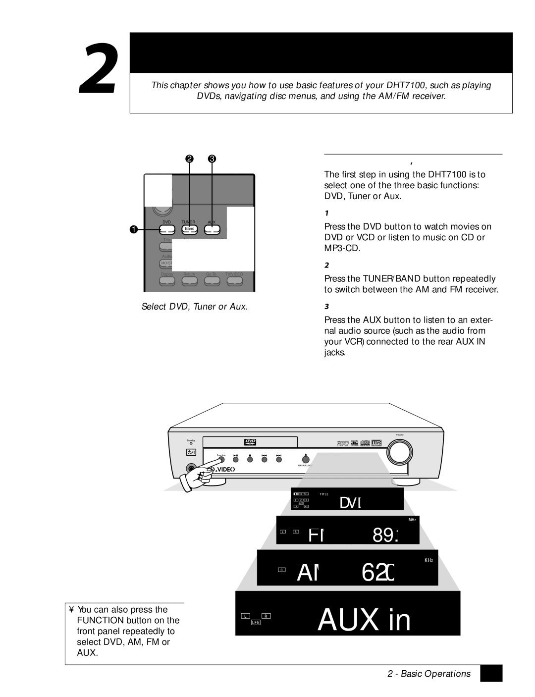 GoVideo DHT7100 manual S I C O P E R a T I O N S, Select DVD, Tuner or Aux, Basic Operations 