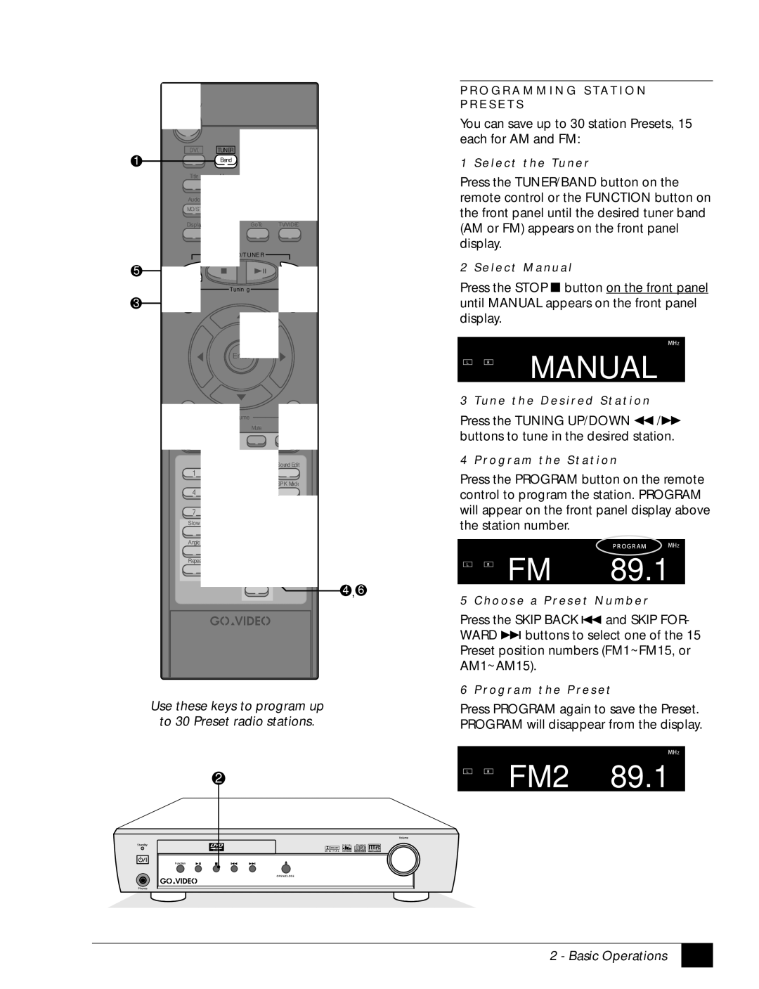 GoVideo DHT7100 manual Manual, Use these keys to program up To 30 Preset radio stations 