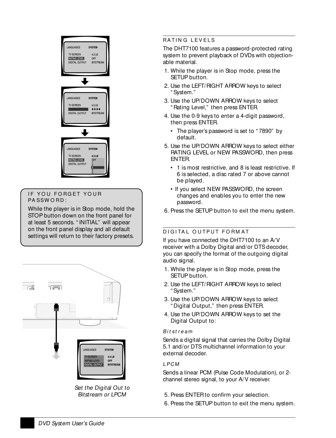 GoVideo DHT7100 manual Set the Digital Out to Bitstream or Lpcm 