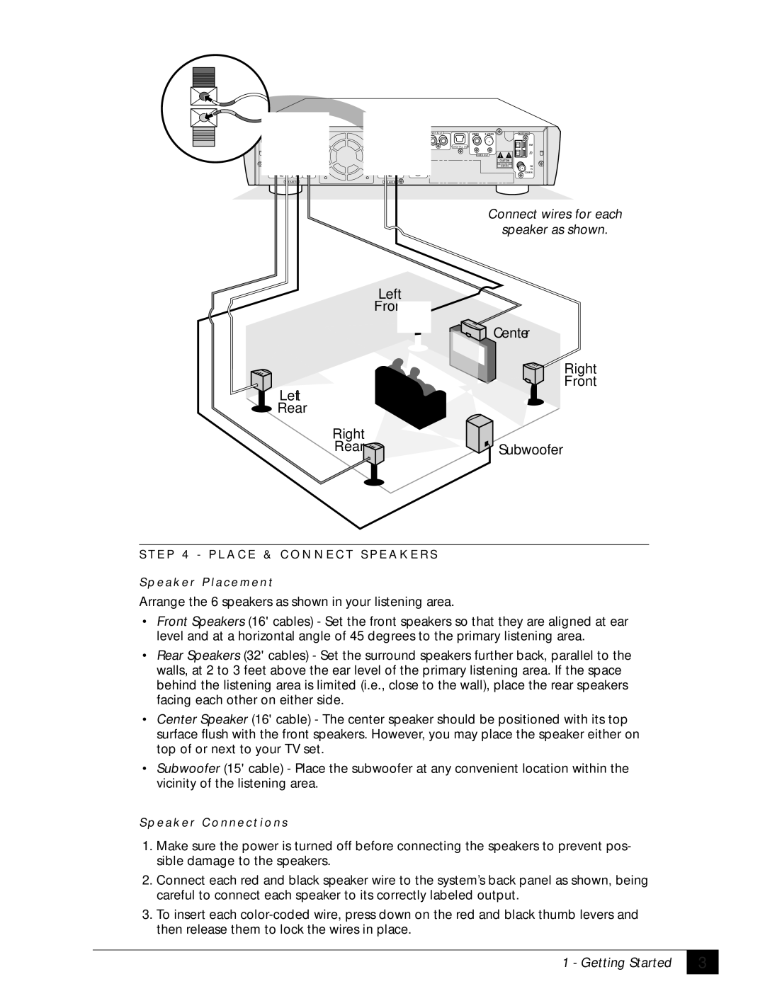 GoVideo DHT7100 manual Left Front Center Right Rear Subwoofer, Connect wires for each Speaker as shown 