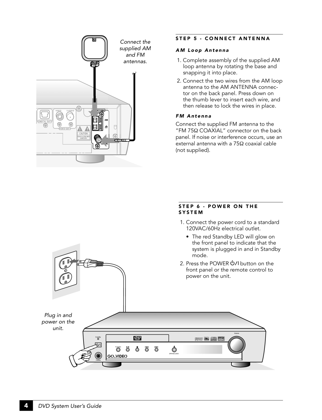 GoVideo DHT7100 manual Connect the supplied AM and FM antennas, Plug in and power on the unit, DVD System User’s Guide 