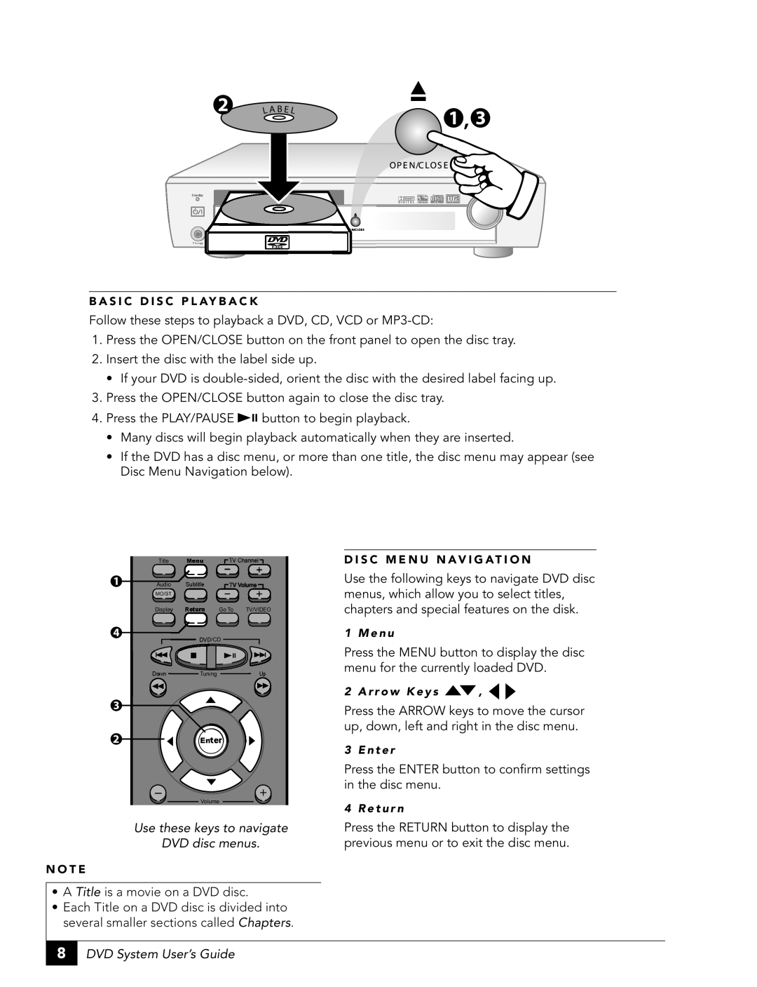 GoVideo DHT7100 manual Use these keys to navigate DVD disc menus, DVD System User’s Guide 