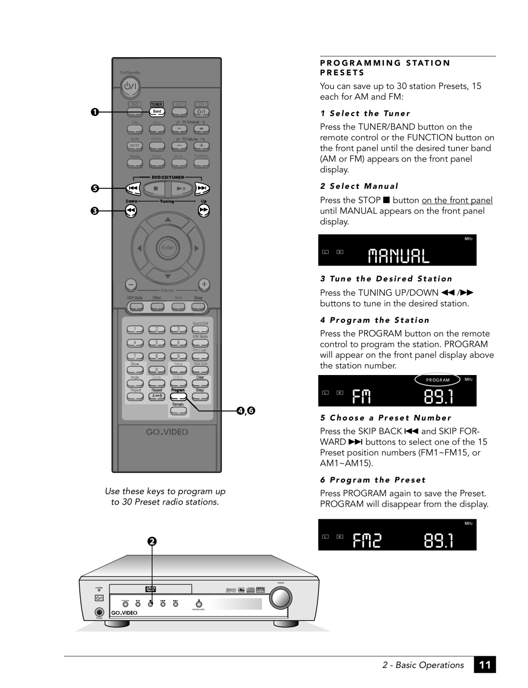 GoVideo DHT7100 manual Manual, 89.1, Use these keys to program up, to 30 Preset radio stations, Basic Operations 
