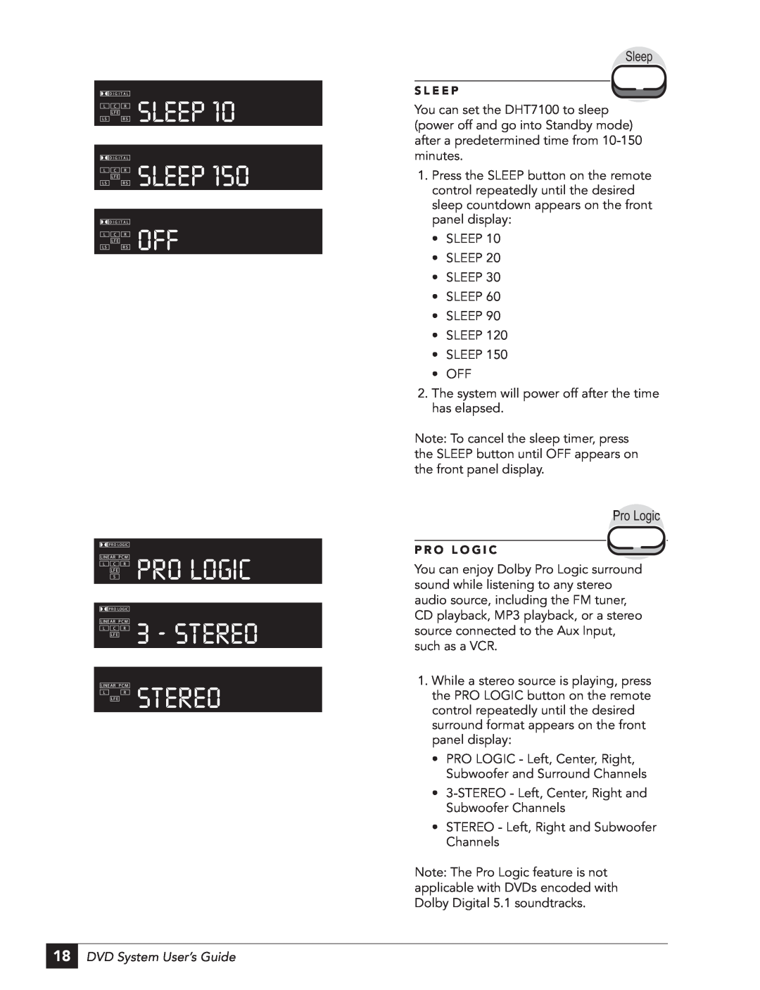 GoVideo DHT7100 manual SLEEP SLEEP OFF PRO LOGIC 3 - STEREO STEREO, Sleep, Pro Logic, DVD System User’s Guide 