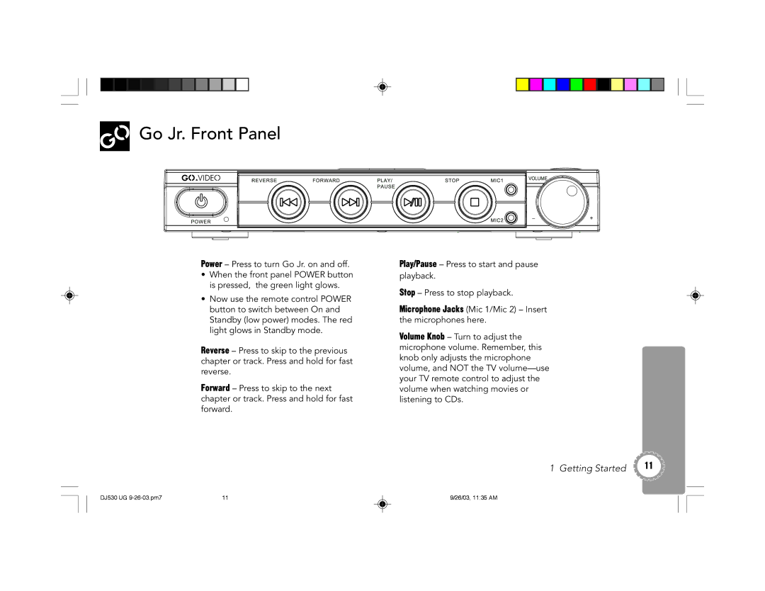 GoVideo DJ530 manual Go Jr. Front Panel 