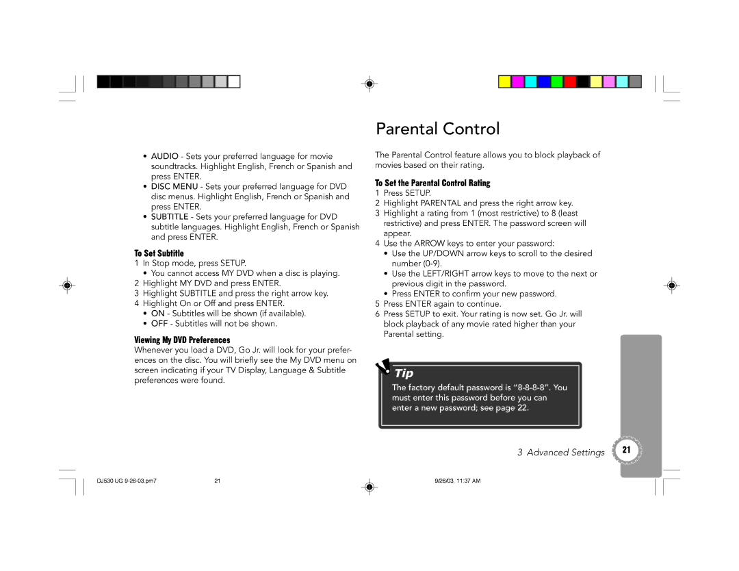 GoVideo DJ530 manual To Set Subtitle, Viewing My DVD Preferences, To Set the Parental Control Rating 