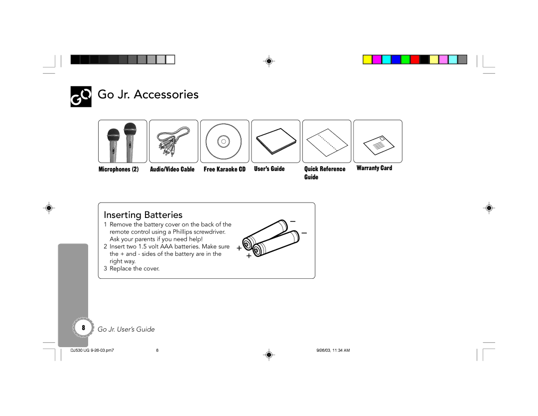 GoVideo DJ530 manual Go Jr. Accessories, Microphones, Free Karaoke CD User’s Guide Quick Reference 