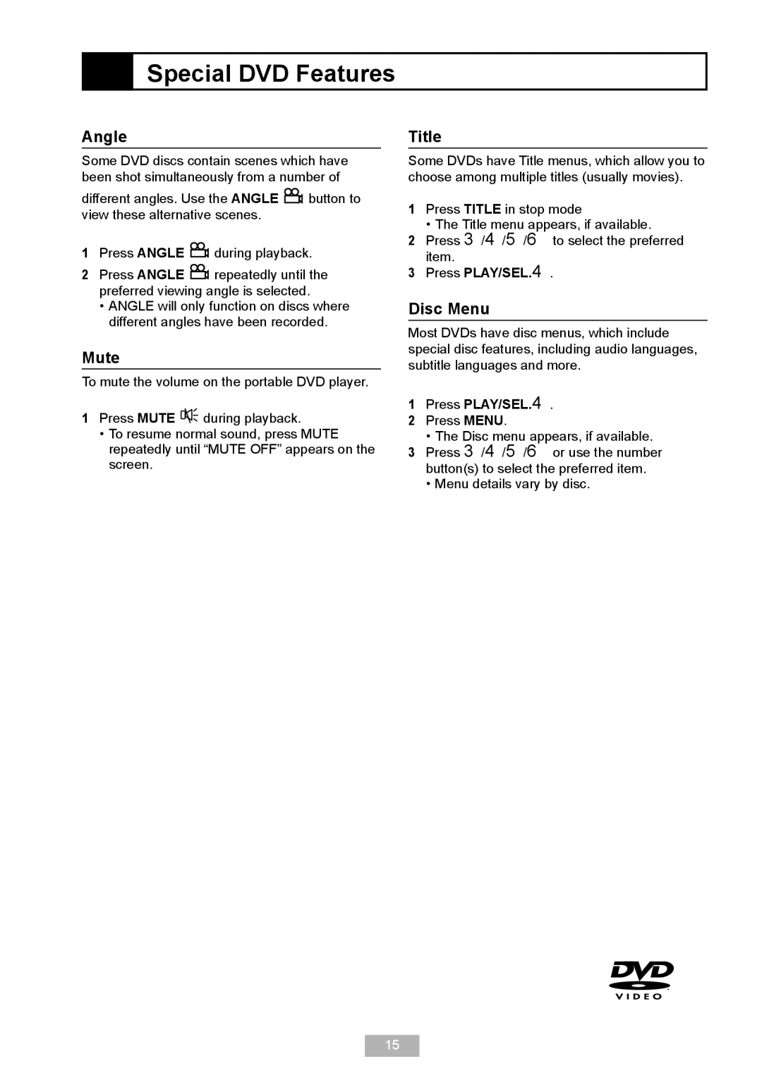 GoVideo DP 5050 manual Angle, Mute, Title, Disc Menu 