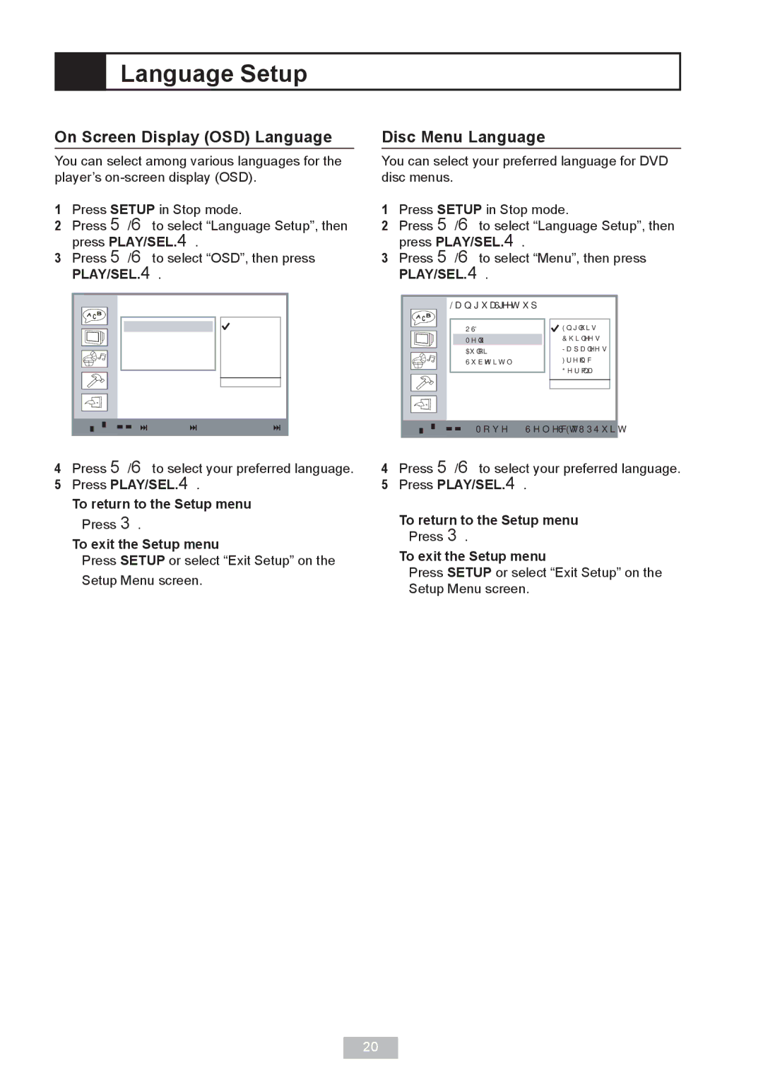 GoVideo DP 5050 manual Language Setup, On Screen Display OSD Language, Disc Menu Language, To exit the Setup menu 