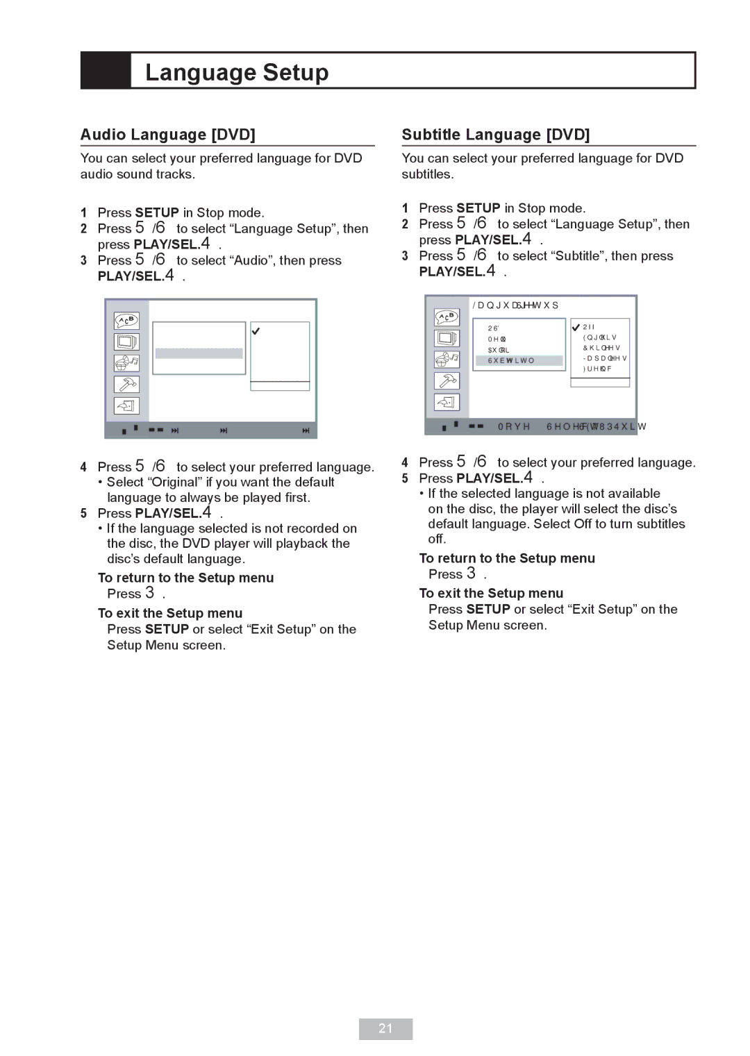 GoVideo DP 5050 manual Audio Language DVD, Subtitle Language DVD, Press / to select Subtitle, then press PLAY/SEL. 