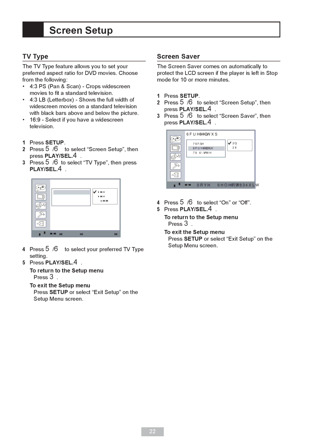 GoVideo DP 5050 manual Screen Setup, TV Type, Screen Saver 