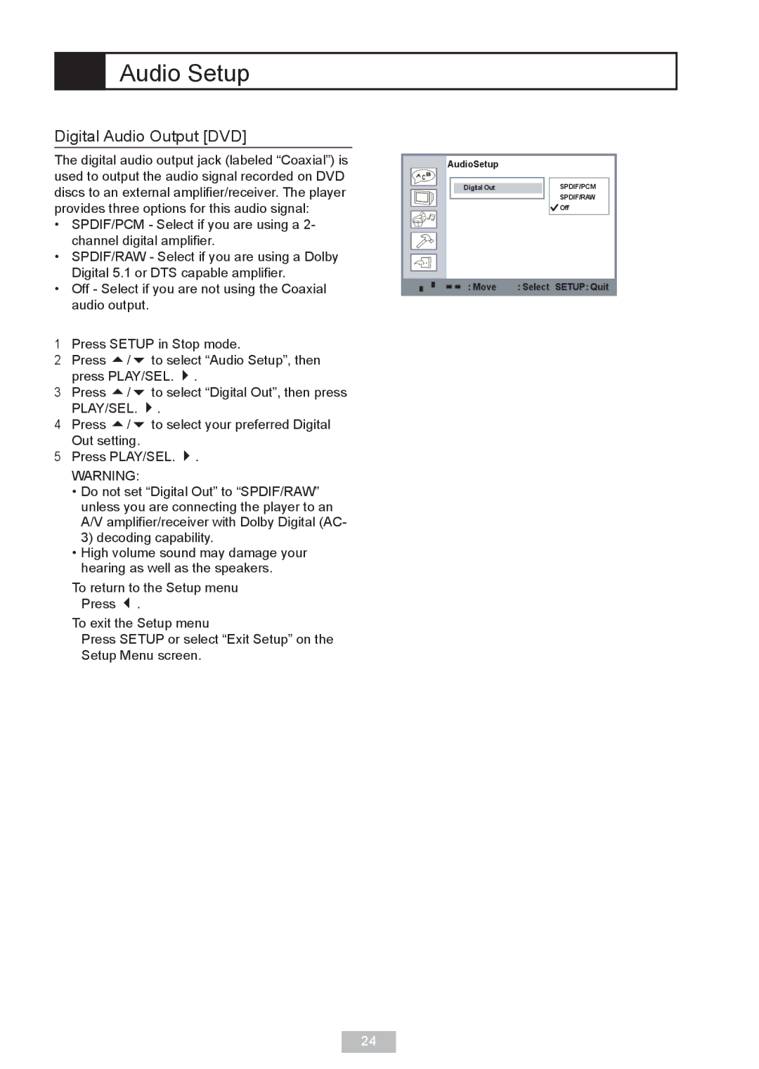 GoVideo DP 5050 manual Audio Setup, Digital Audio Output DVD 