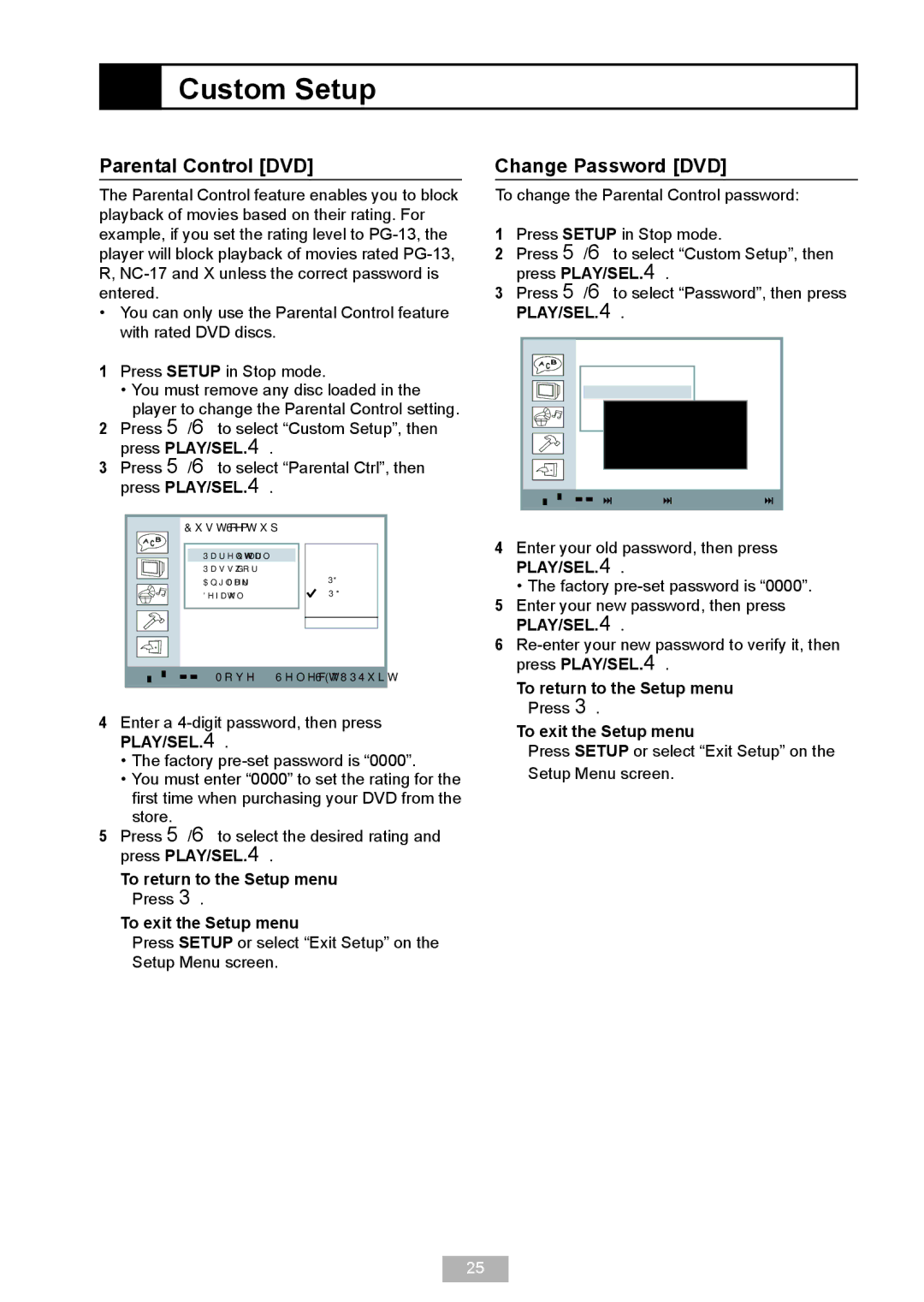 GoVideo DP 5050 manual Custom Setup, Parental Control DVD, Change Password DVD 