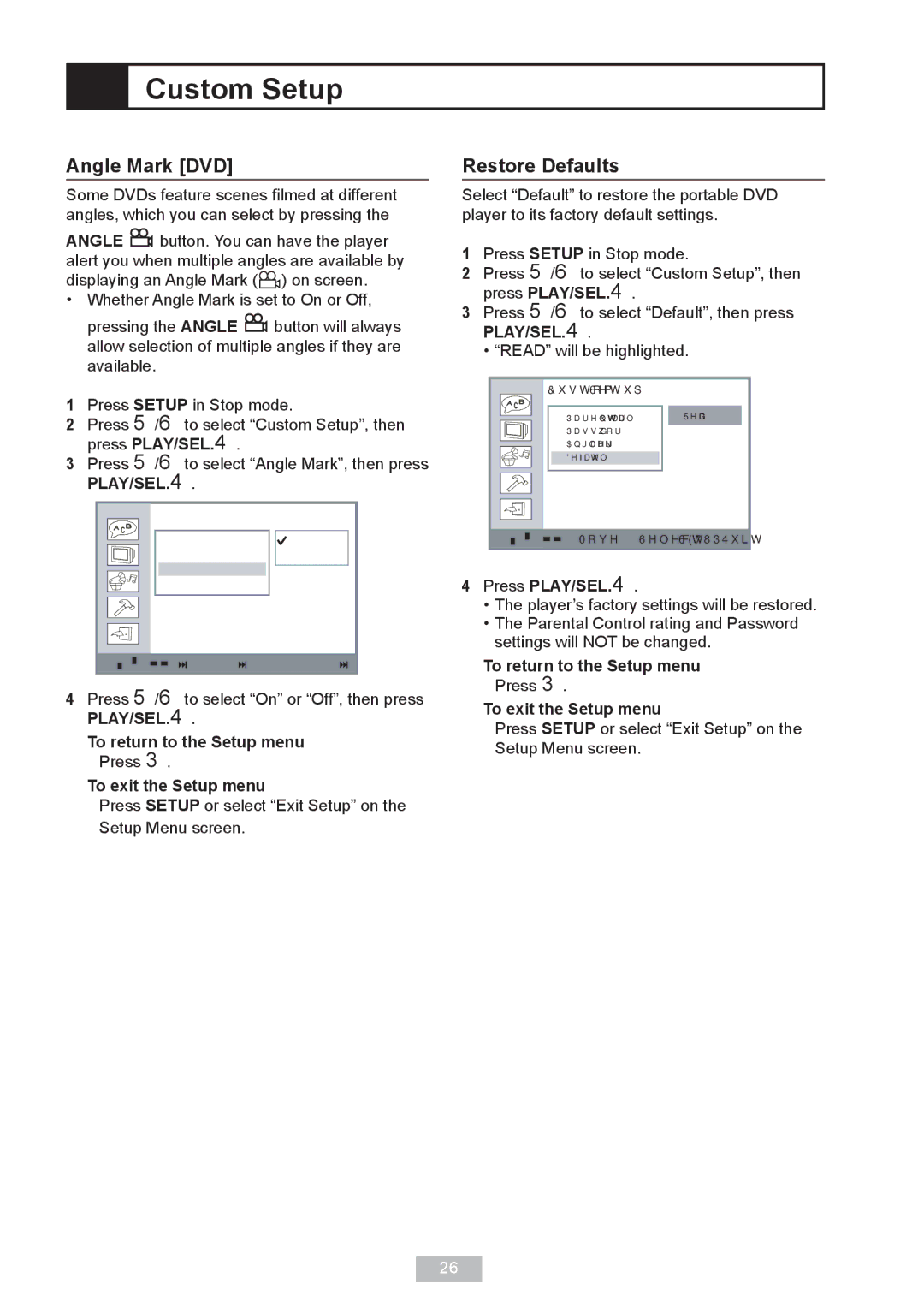 GoVideo DP 5050 manual Angle Mark DVD, Restore Defaults, Press / to select Angle Mark, then press PLAY/SEL. 