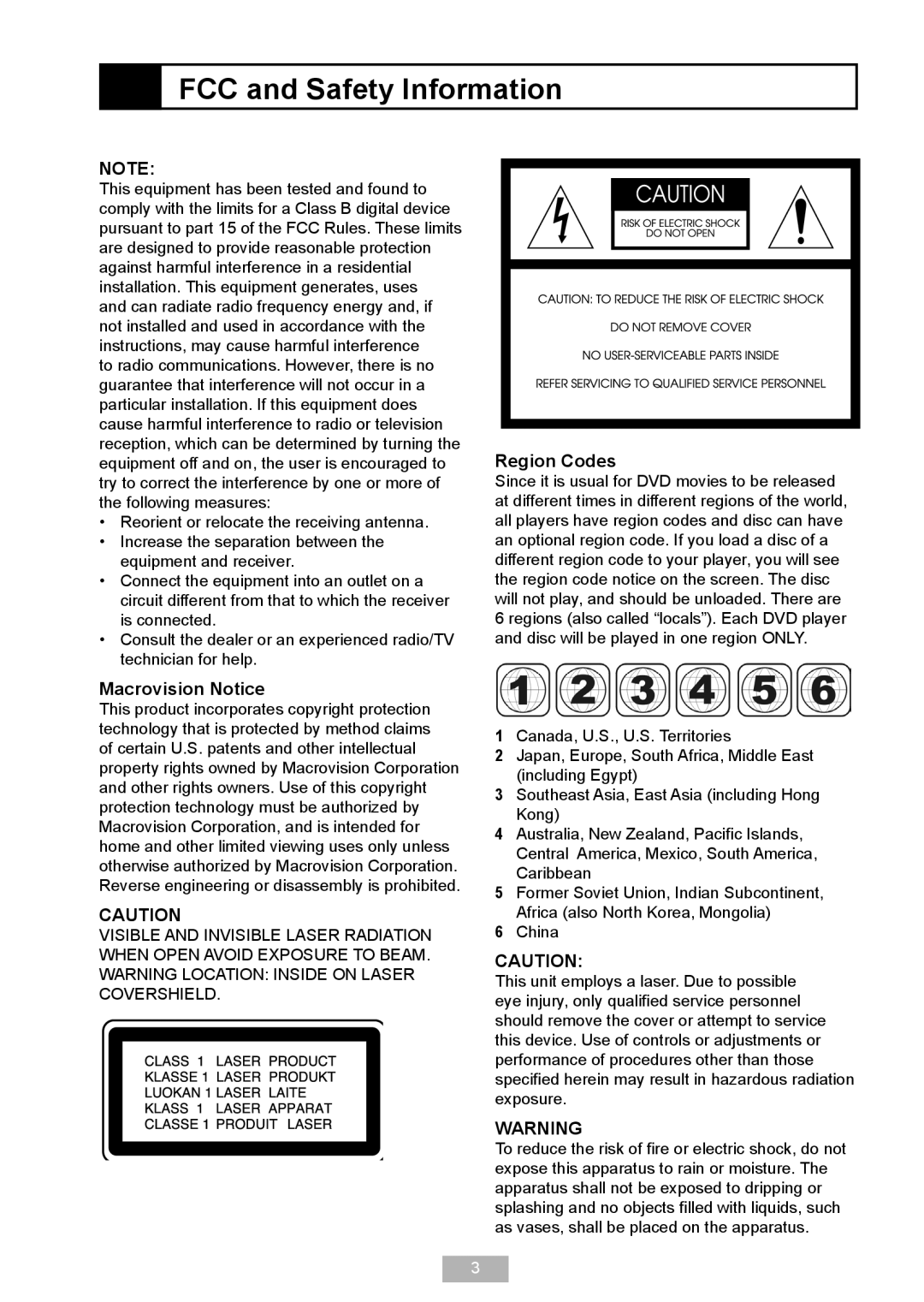 GoVideo DP 5050 manual FCC and Safety Information, Macrovision Notice, Region Codes 