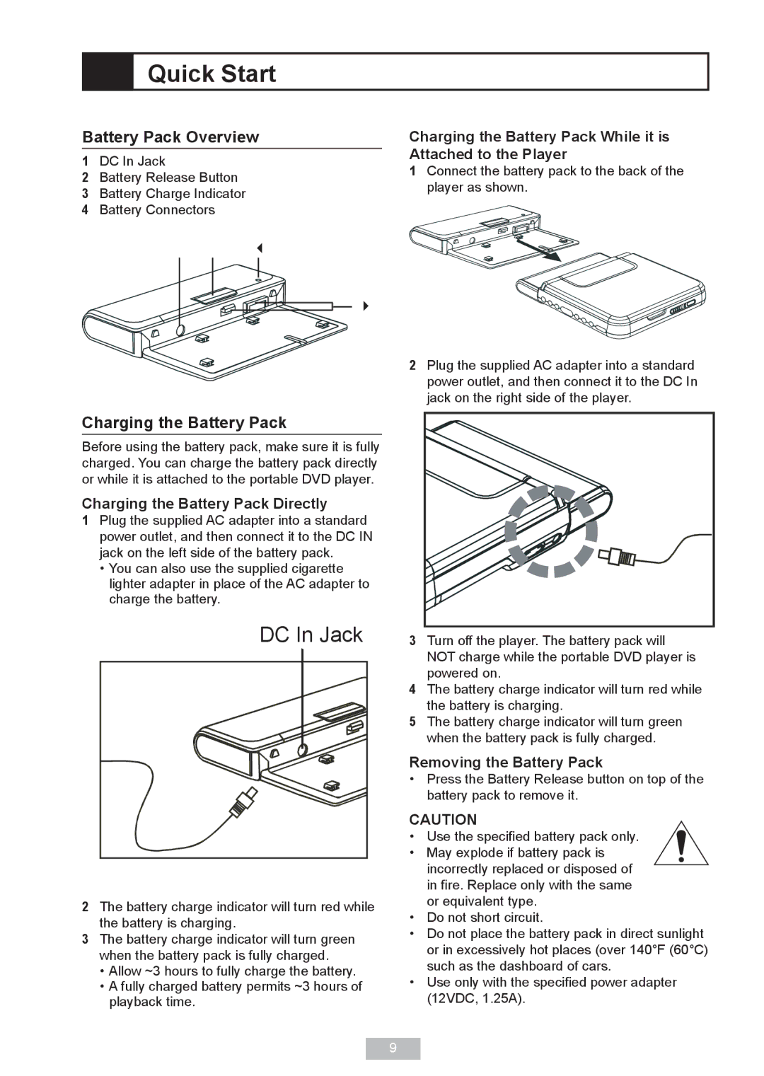 GoVideo DP 5050 manual Battery Pack Overview, Charging the Battery Pack Directly, Removing the Battery Pack 