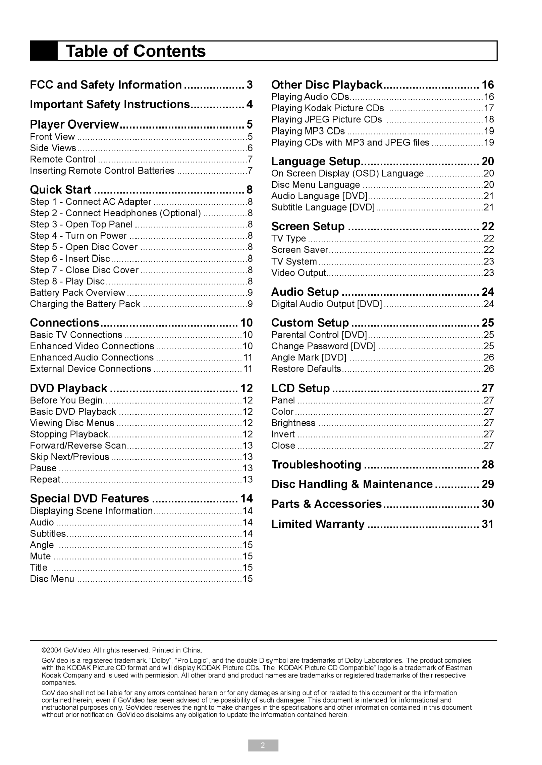 GoVideo DP6240 manual Table of Contents 