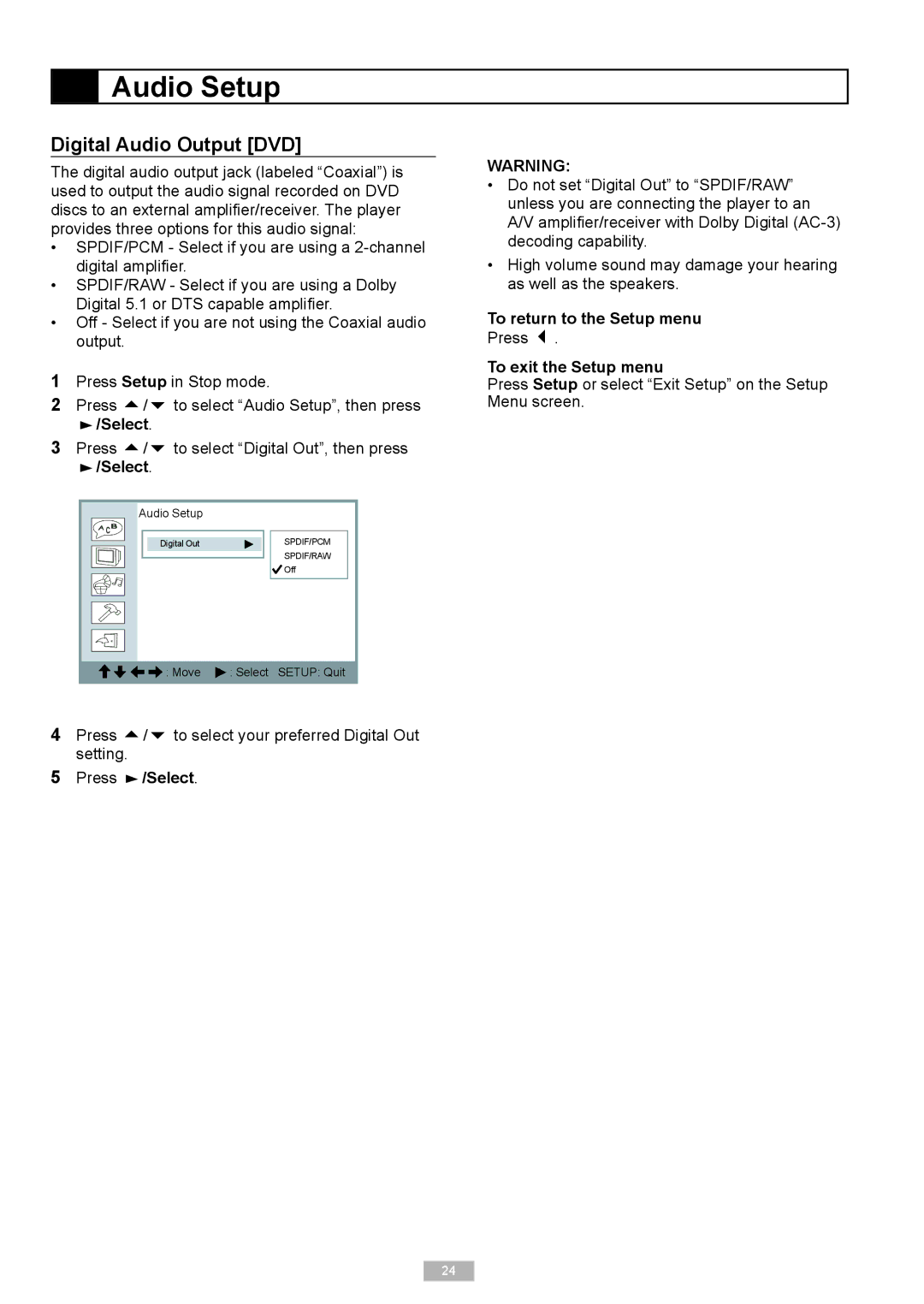 GoVideo DP6240 manual Audio Setup, Digital Audio Output DVD, Press  /  to select Digital Out, then press 