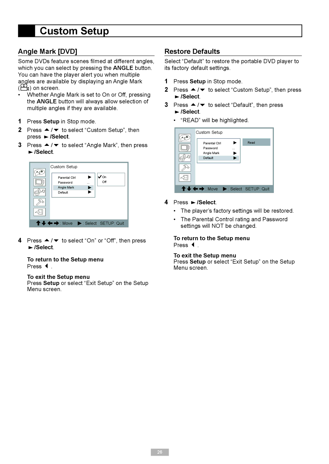 GoVideo DP6240 manual Angle Mark DVD, Restore Defaults 