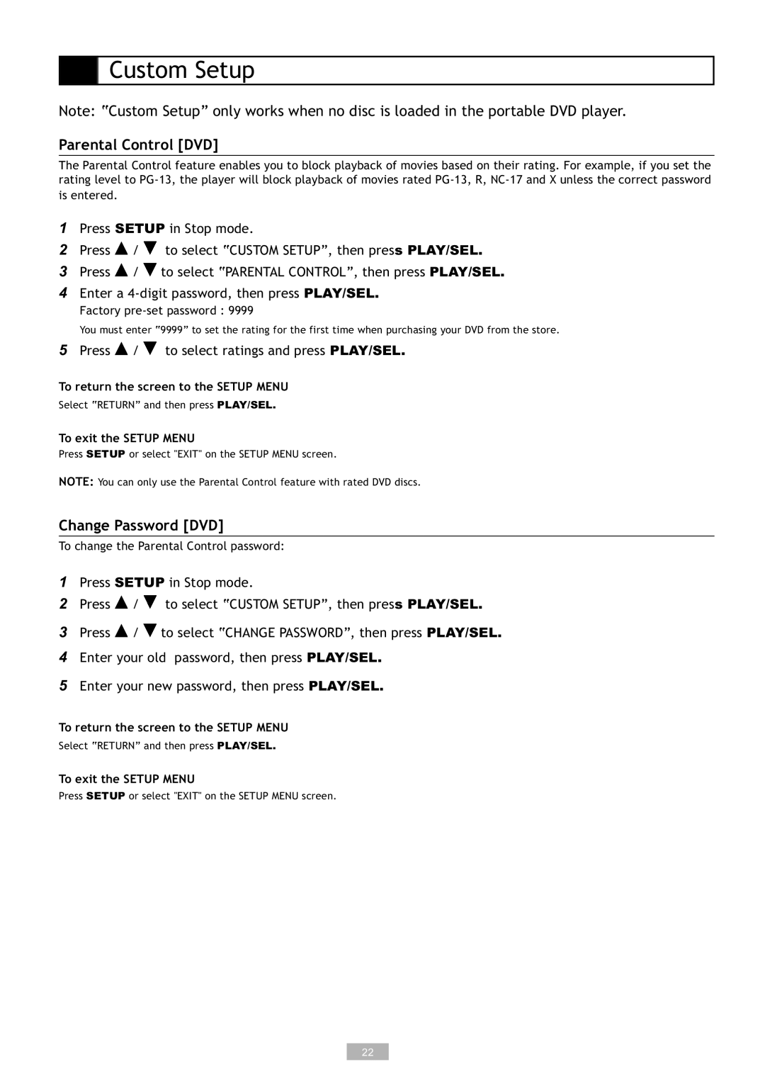 GoVideo DP7030, DP5030 manual Custom Setup, Change Password DVD 