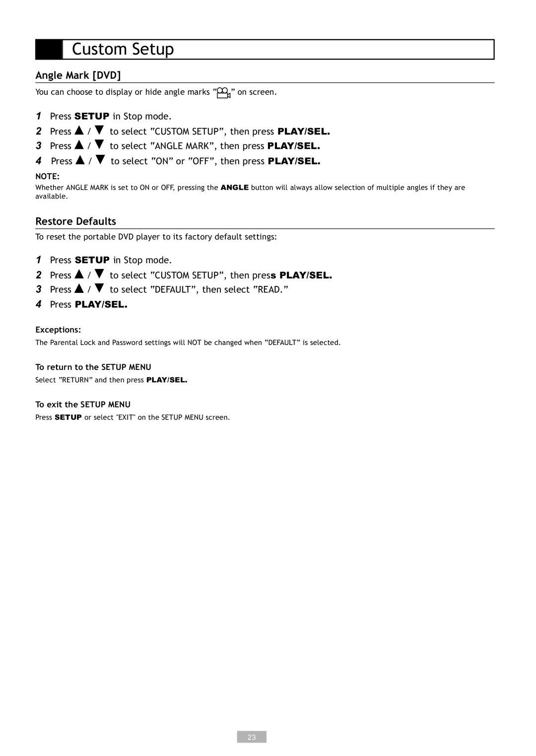 GoVideo DP5030, DP7030 manual Angle Mark DVD, Restore Defaults 