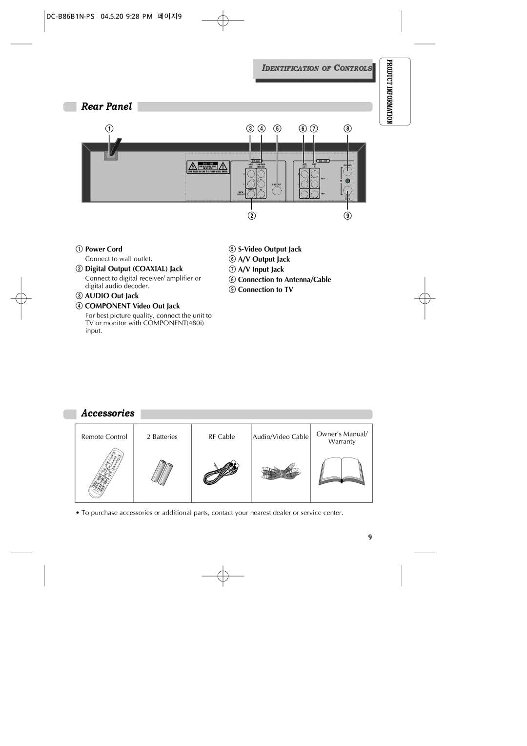 GoVideo DV1030 manual Rear Panel, Accessories, DC-B86B1N-PS 04.5.20 928 PM 페이지9, Connect to wall outlet 