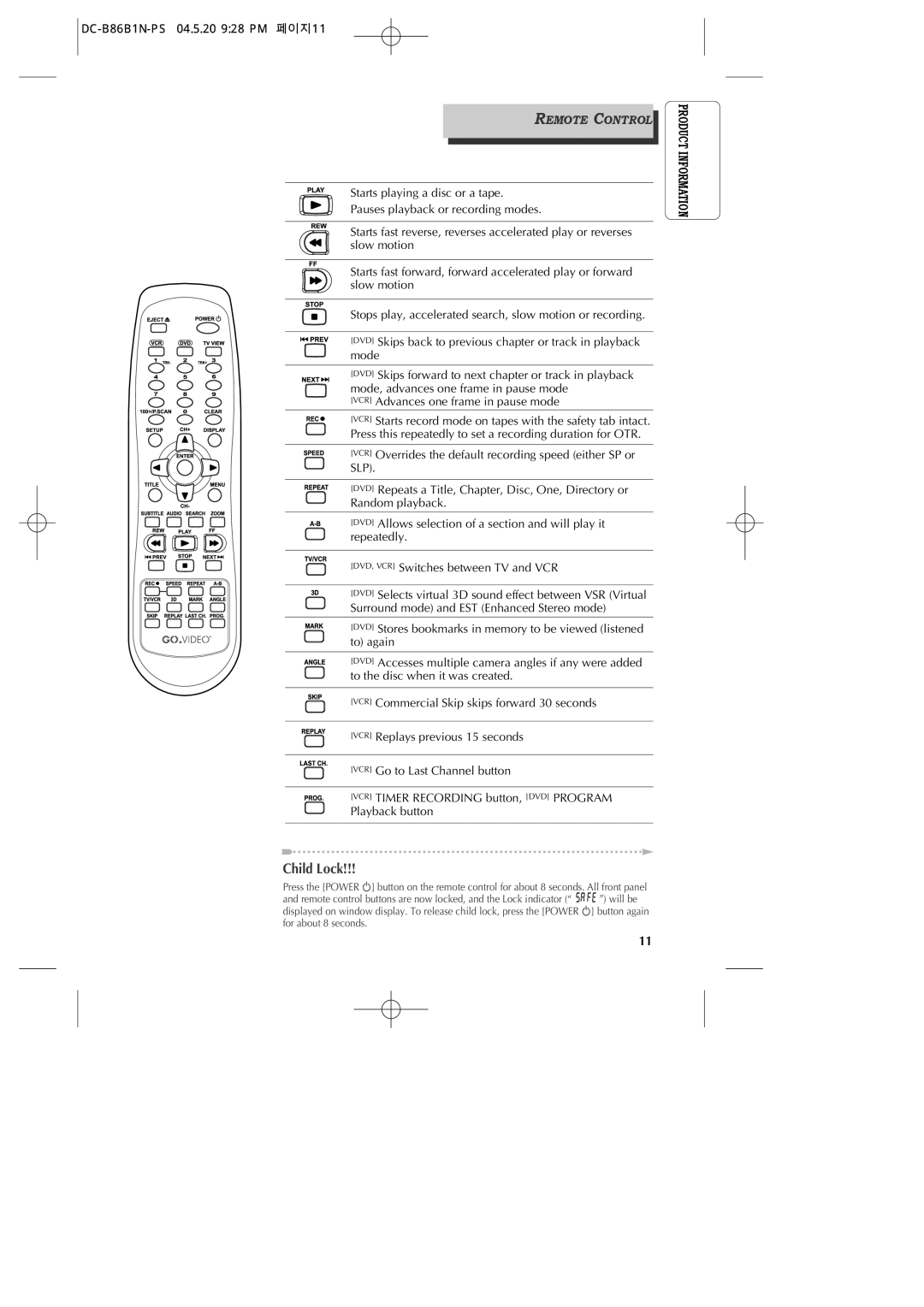 GoVideo DV1030 manual Remote Control, DC-B86B1N-PS 04.5.20 928 PM 페이지11 