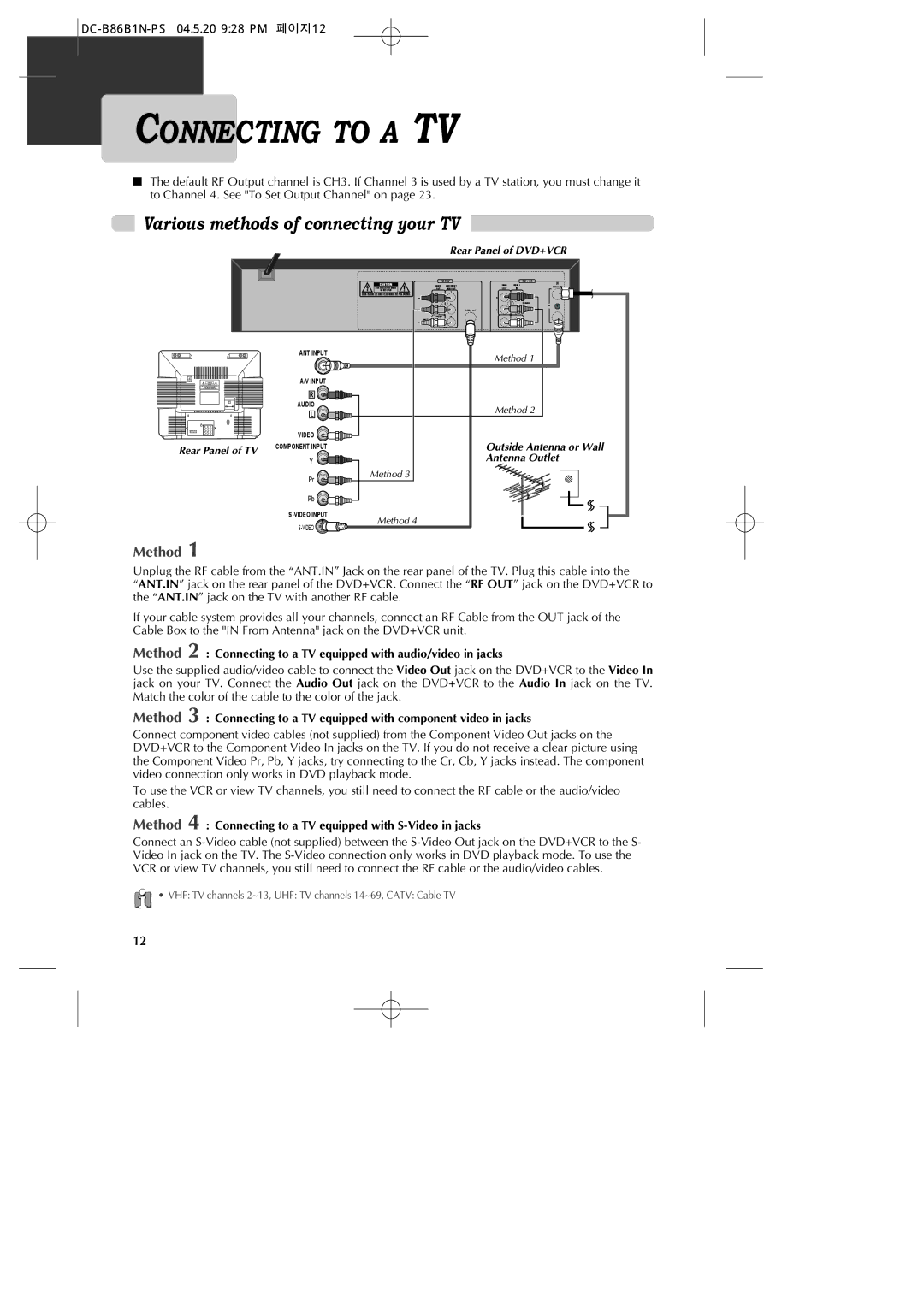 GoVideo DV1030 manual Connecting to a TV, Various methods of connecting your TV, DC-B86B1N-PS 04.5.20 928 PM 페이지12 