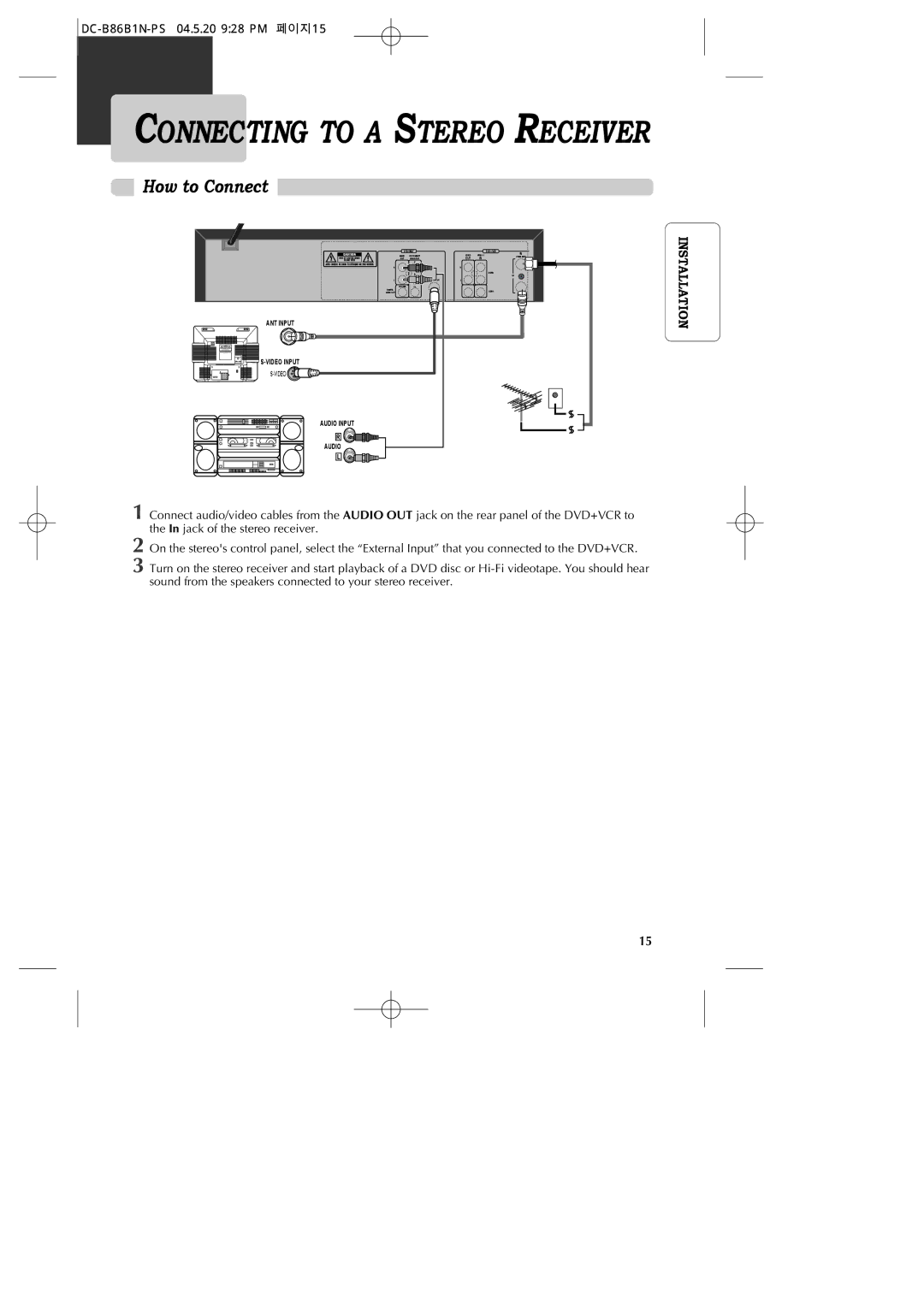 GoVideo DV1030 manual Connecting to a Stereo Receiver, DC-B86B1N-PS 04.5.20 928 PM 페이지15 