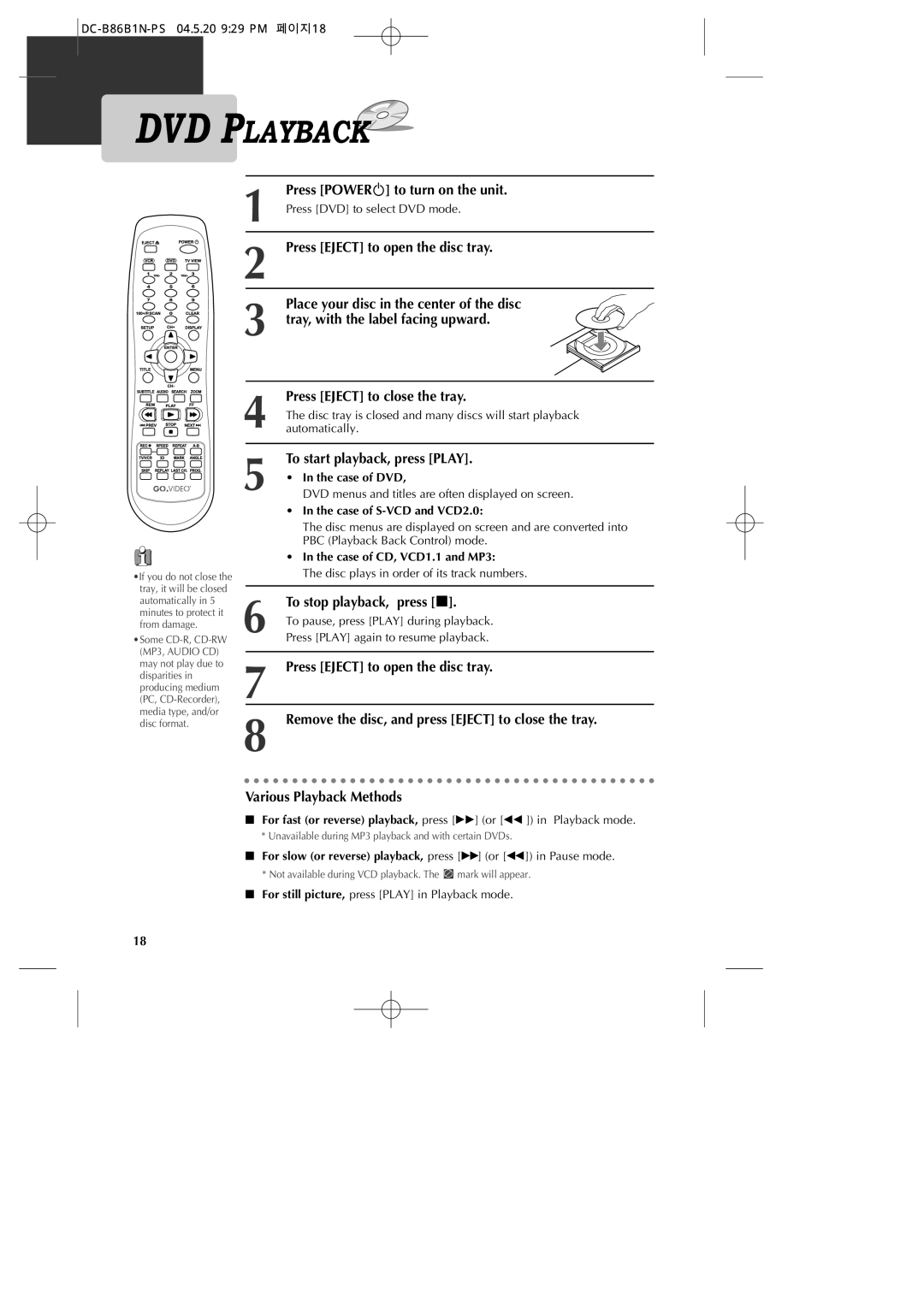 GoVideo DV1030 manual DVD Playback 