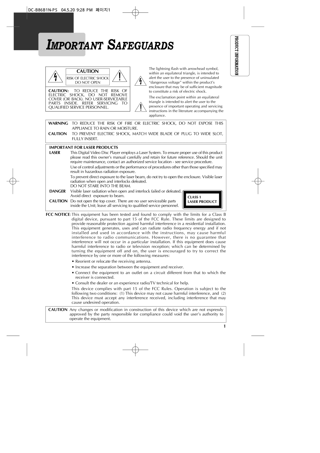 GoVideo DV1030 manual Important Safeguards, DC-B86B1N-PS 04.5.20 928 PM 페이지1 