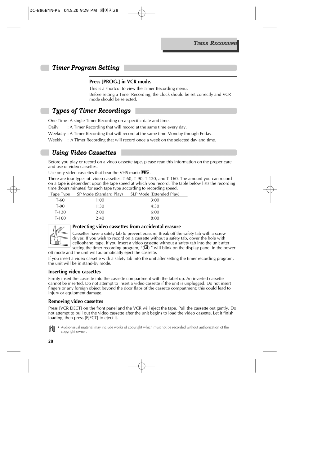 GoVideo DV1030 manual Timer Program Setting, Types of Timer Recordings, Using Video Cassettes 