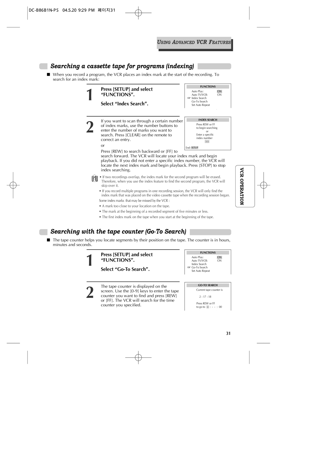 GoVideo DV1030 manual Searching a cassette tape for programs indexing, Searching with the tape counter Go-To Search 