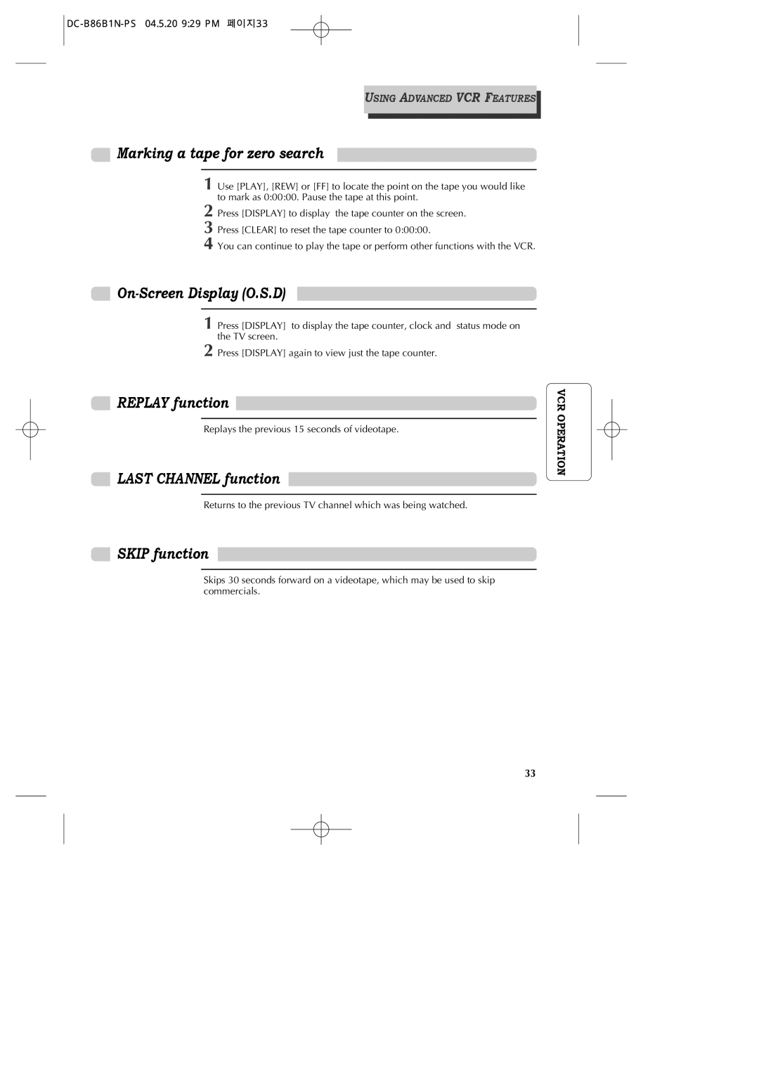 GoVideo DV1030 manual Marking a tape for zero search, On-Screen Display O.S.D, Replay function, Last Channel function 