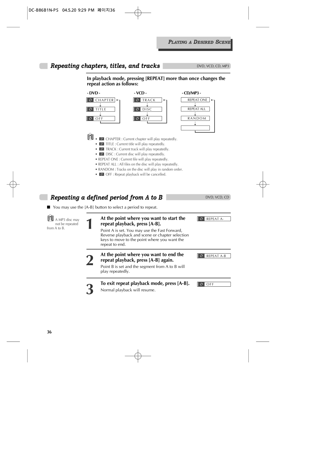 GoVideo DV1030 manual Repeating chapters, titles, and tracks, Repeating a defined period from a to B 