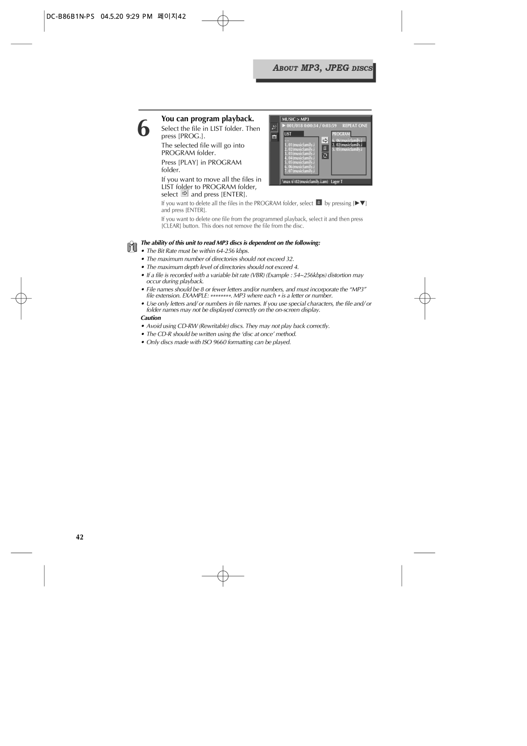 GoVideo DV1030 manual DC-B86B1N-PS 04.5.20 929 PM 페이지42, Press Prog, Select and press Enter 