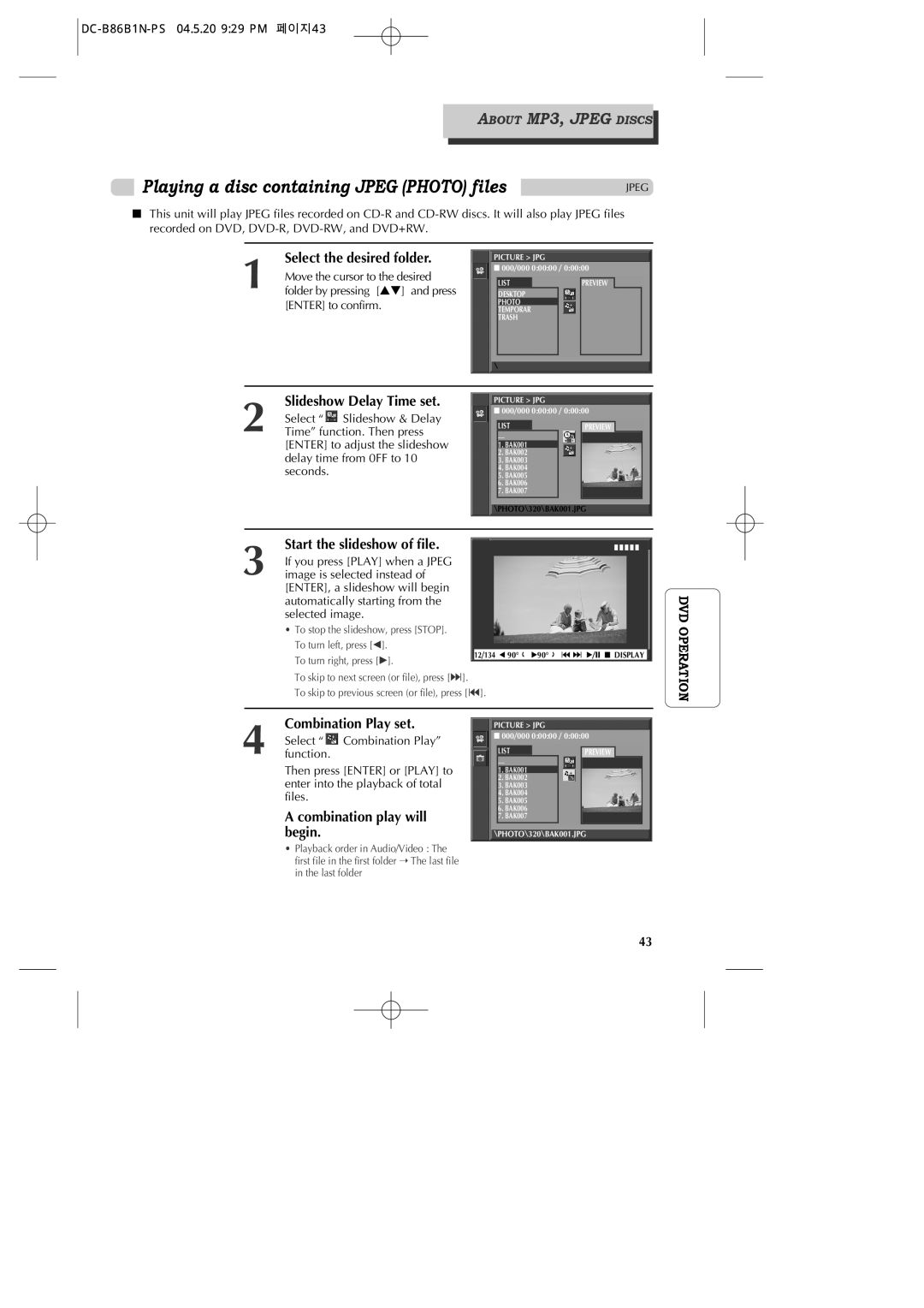 GoVideo DV1030 manual Playing a disc containing Jpeg Photo files, Start the slideshow of file, Slideshow Delay Time set 