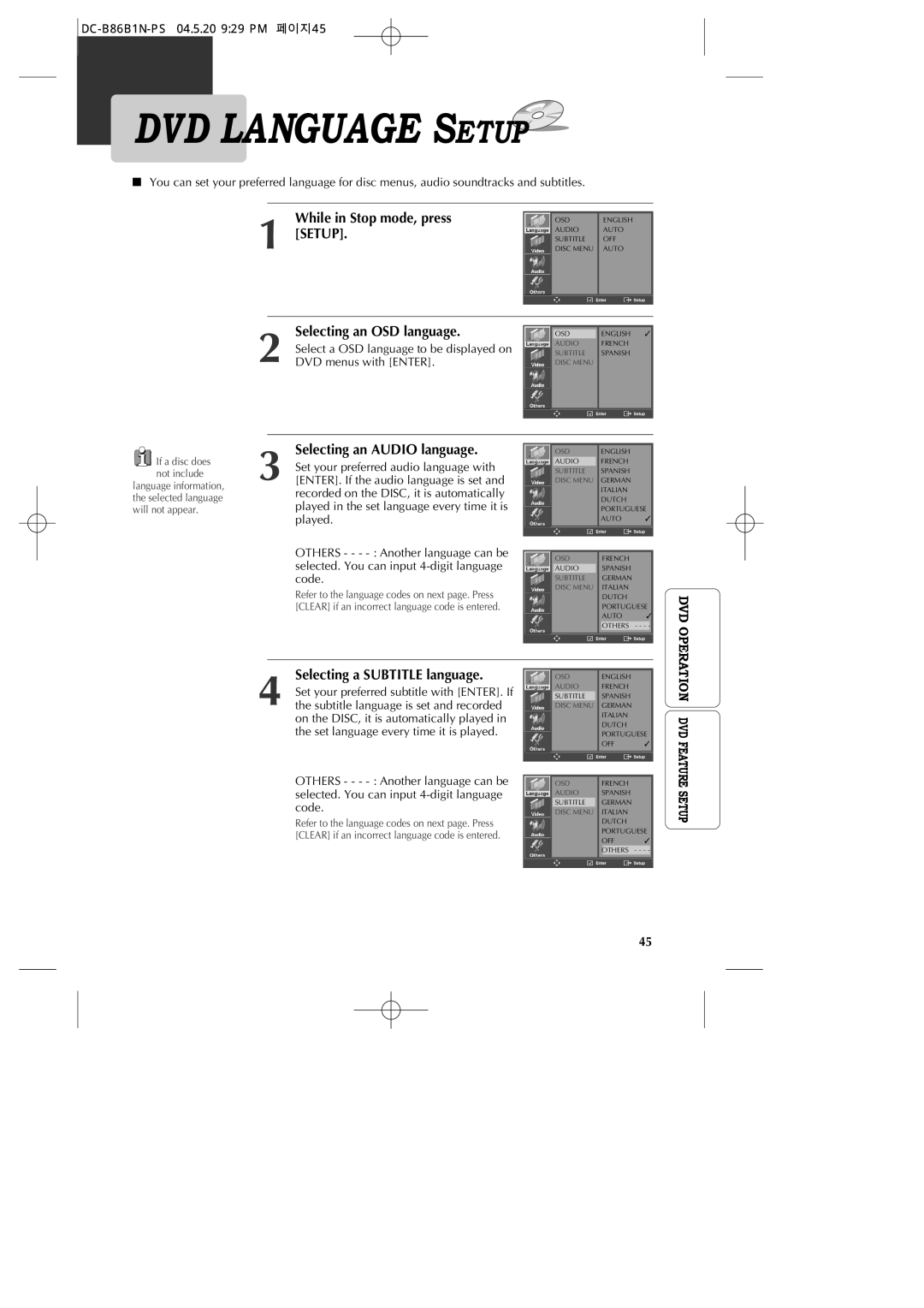 GoVideo DV1030 manual While in Stop mode, press Setup, Selecting an OSD language, Selecting an Audio language 