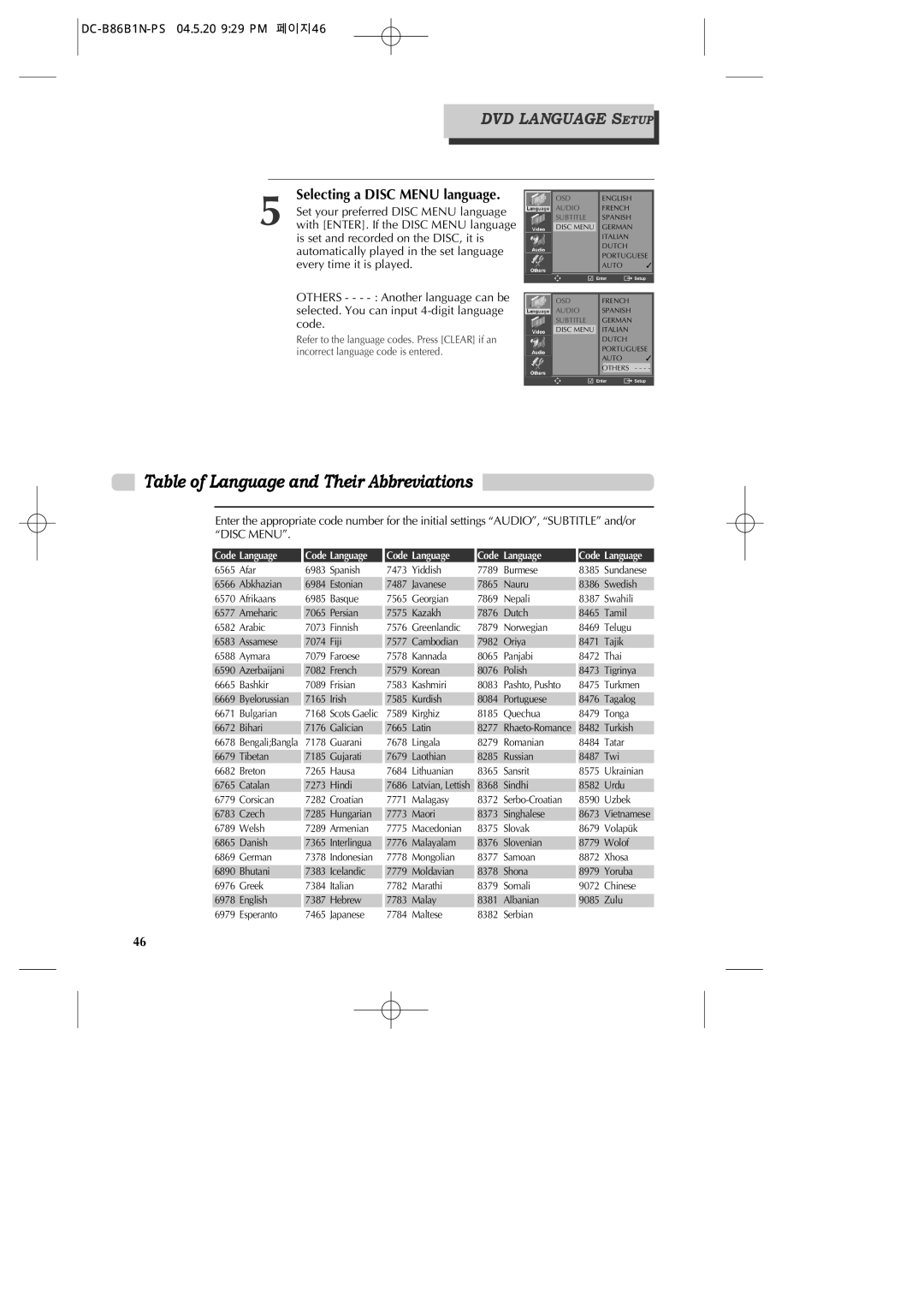 GoVideo DV1030 manual Table of Language and Their Abbreviations, Selecting a Disc Menu language 