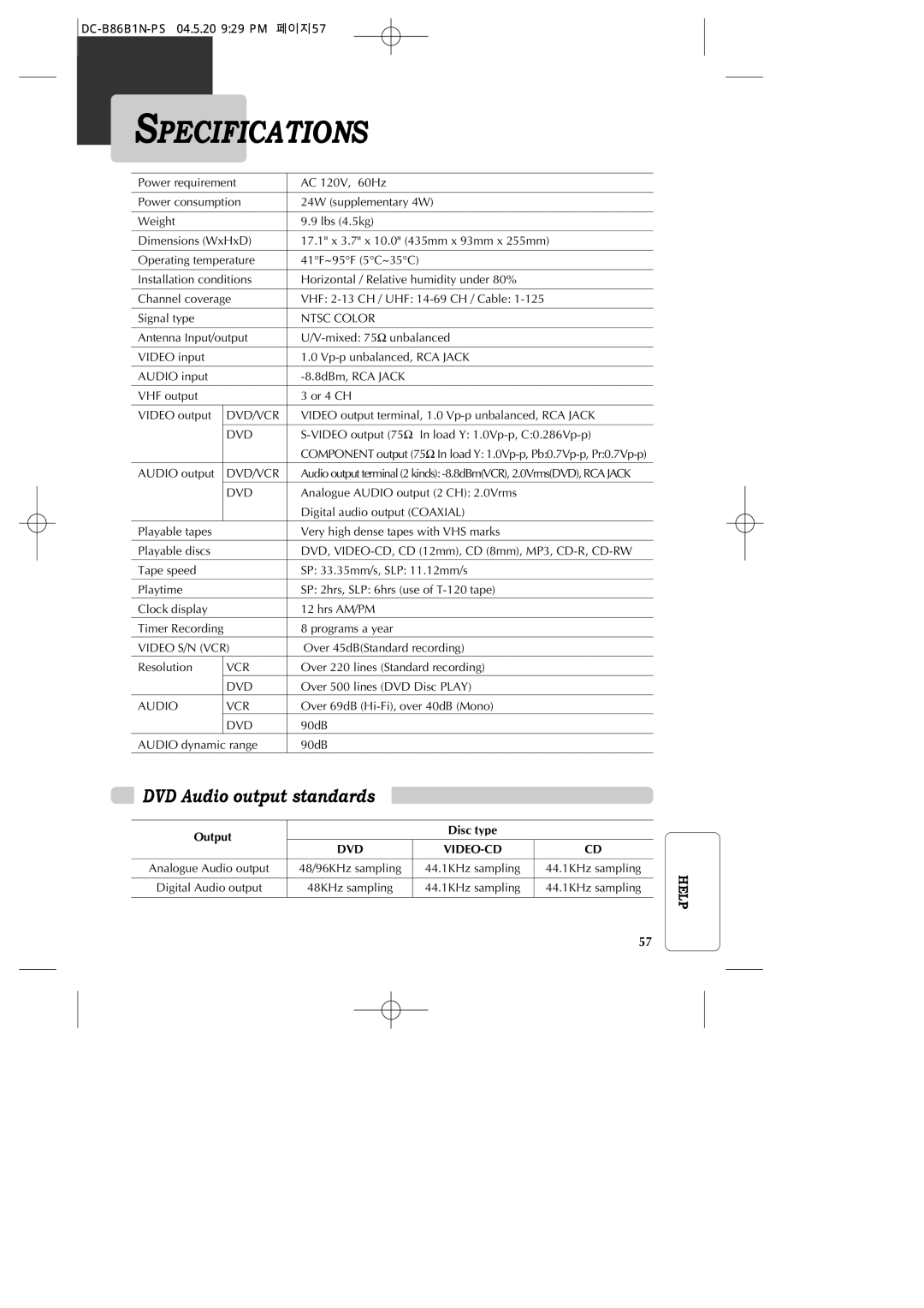 GoVideo DV1030 manual Specifications, DVD Audio output standards, Output Disc type 