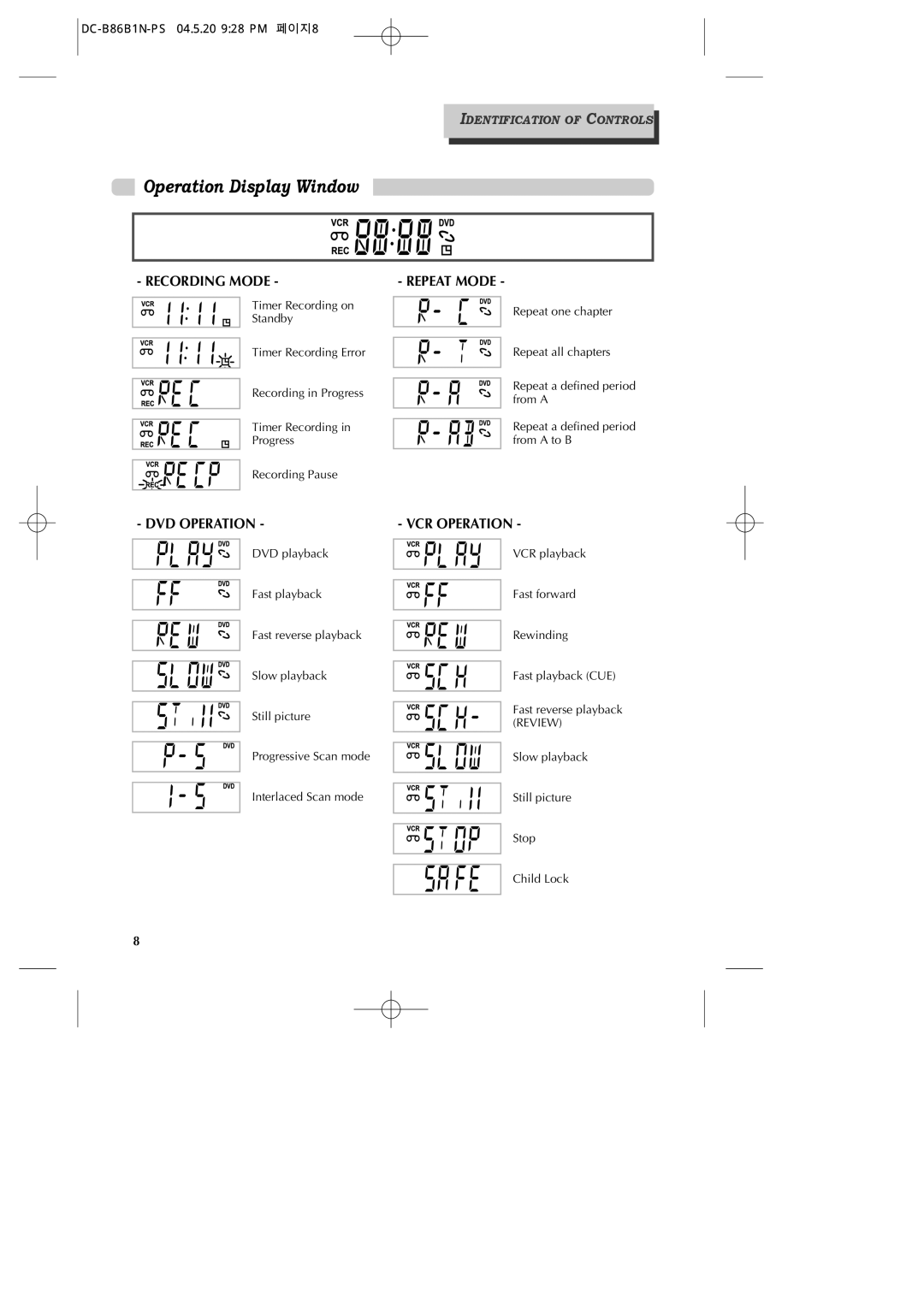 GoVideo DV1030 manual Operation Display Window, DC-B86B1N-PS 04.5.20 928 PM 페이지8 