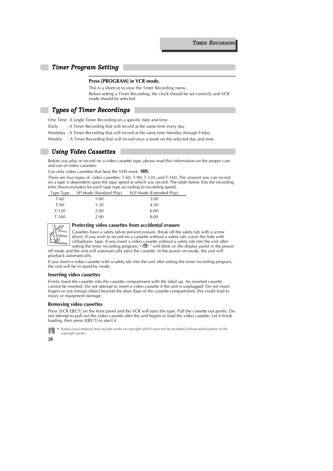 GoVideo DV1040 manual Timer Program Setting, Types of Timer Recordings, Using Video Cassettes 