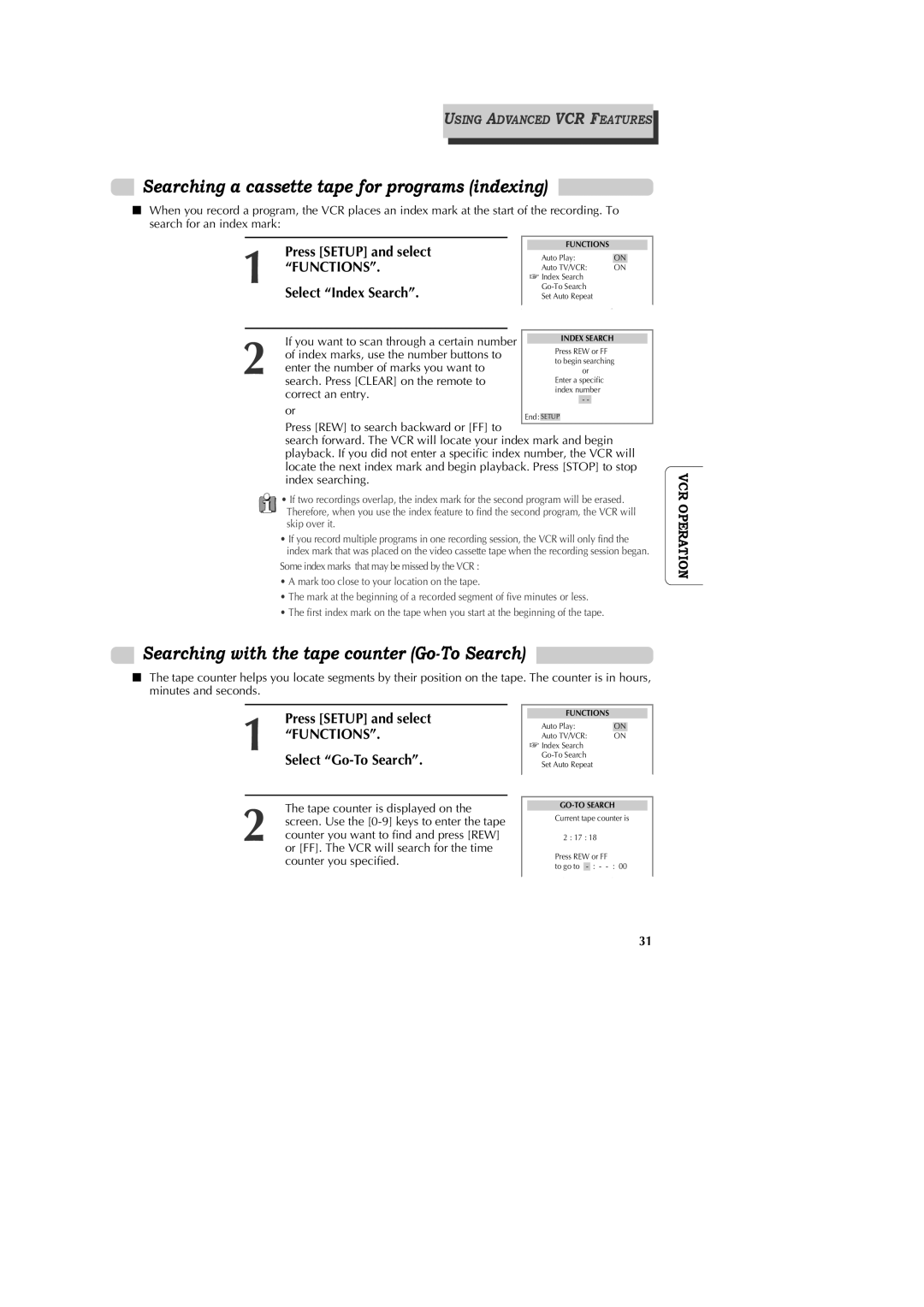 GoVideo DV1040 manual Searching a cassette tape for programs indexing, Searching with the tape counter Go-To Search 