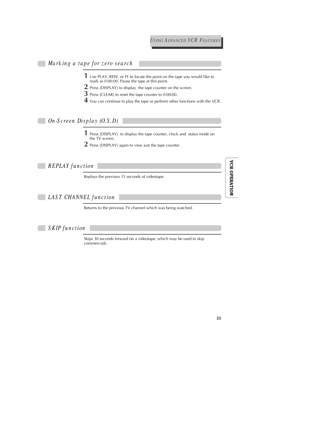 GoVideo DV1040 manual Marking a tape for zero search, On-Screen Display O.S.D, Replay function, Last Channel function 