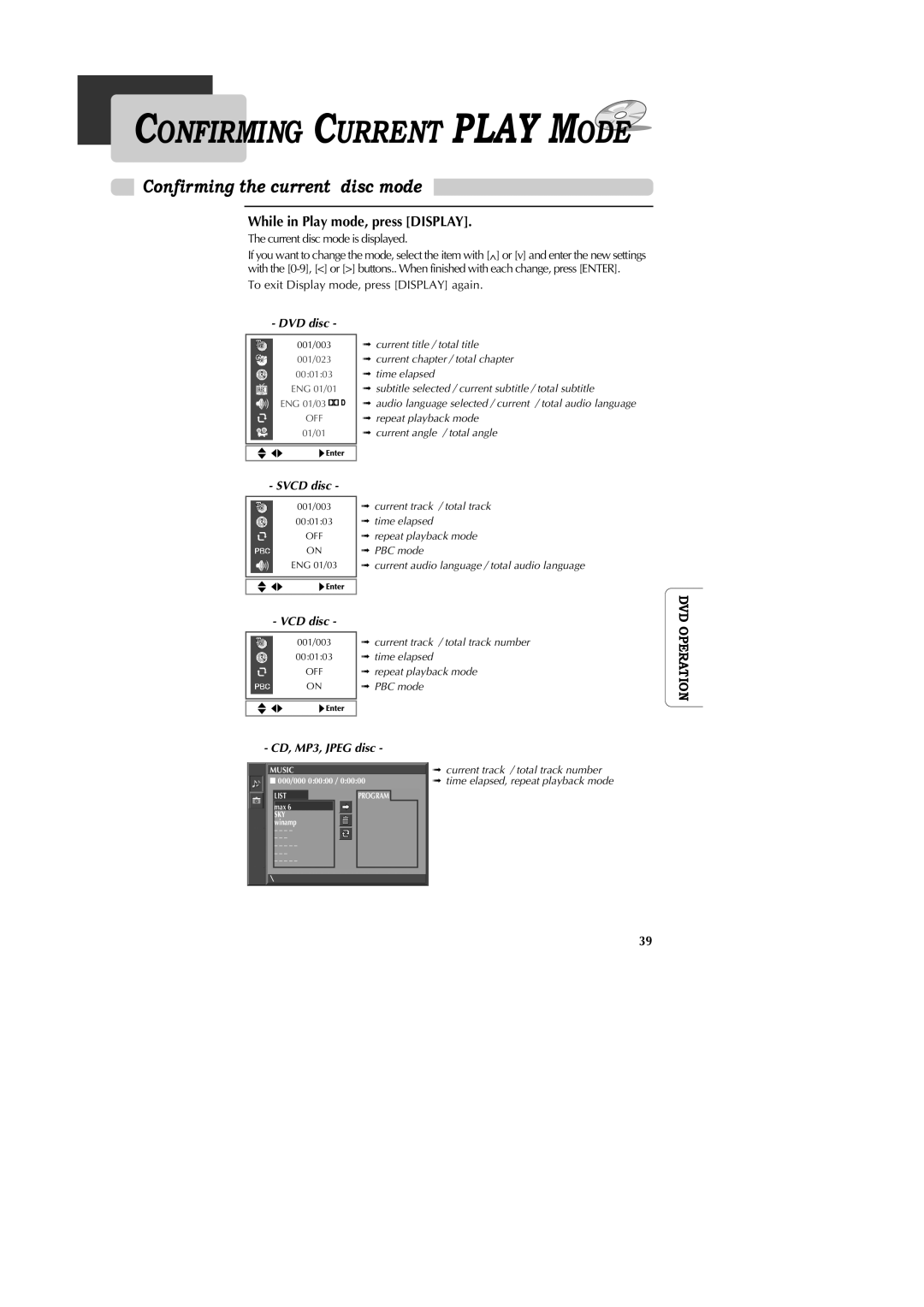 GoVideo DV1040 manual Confirming the current disc mode, While in Play mode, press Display, Current disc mode is displayed 