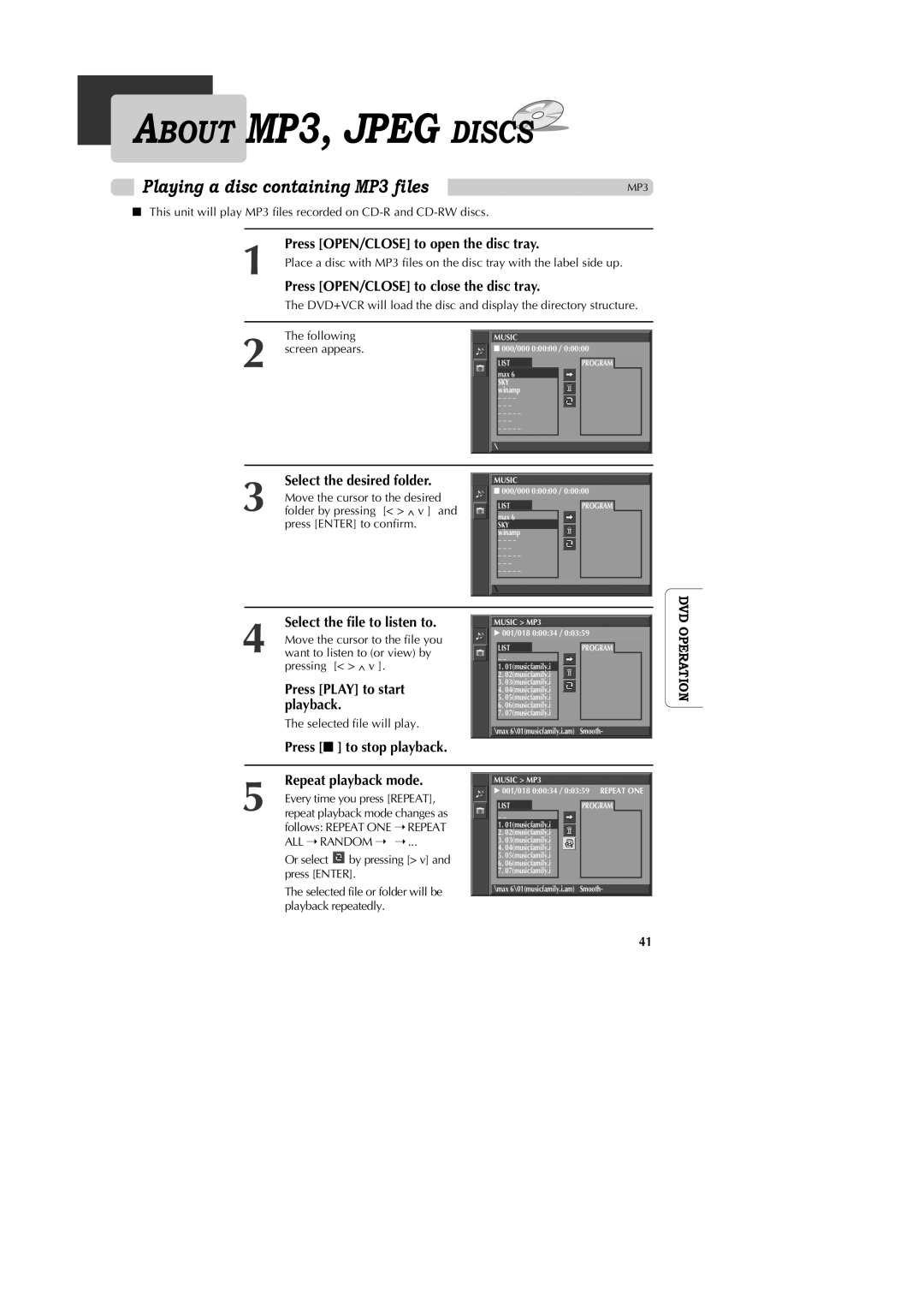 GoVideo DV1040 manual Playing a disc containing MP3 files, Select the desired folder, Press Play to start playback 