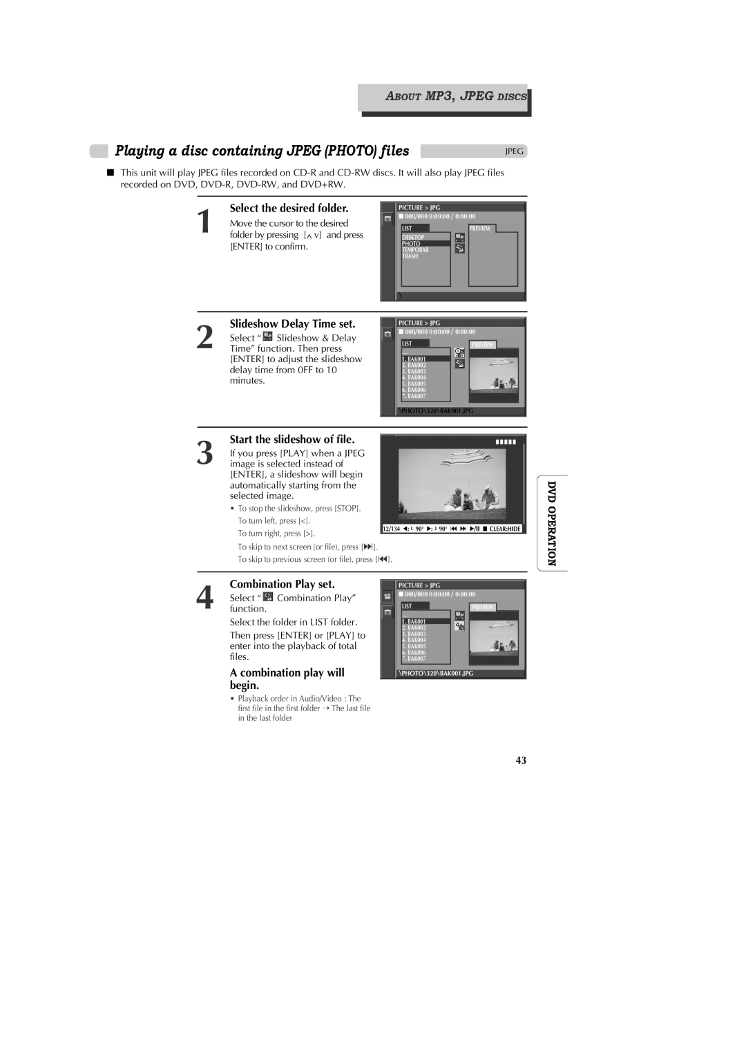 GoVideo DV1040 manual Playing a disc containing Jpeg Photo files, Start the slideshow of file, Slideshow Delay Time set 